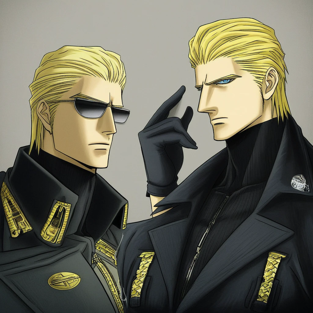 albert wesker, 1boy, blonde, black gloves, sunglasses, belt, black coat, black pants, looking at viewer, toned, athletic, fit, slicked back hair, black turtleneck, zipper, mature male, short hair, black boots, focused, intense glare, apatethic, contemptuous, blue eyes, angular face, sharp_featured face, handsome, charming, alluring, best quality, amazing quality, best aesthetic, absurdres, expressive eyes, illustration, Volumetric_Lighting, ultra-detailed, very aesthetic, intricate details, 8k, masterpiece, best_quality,