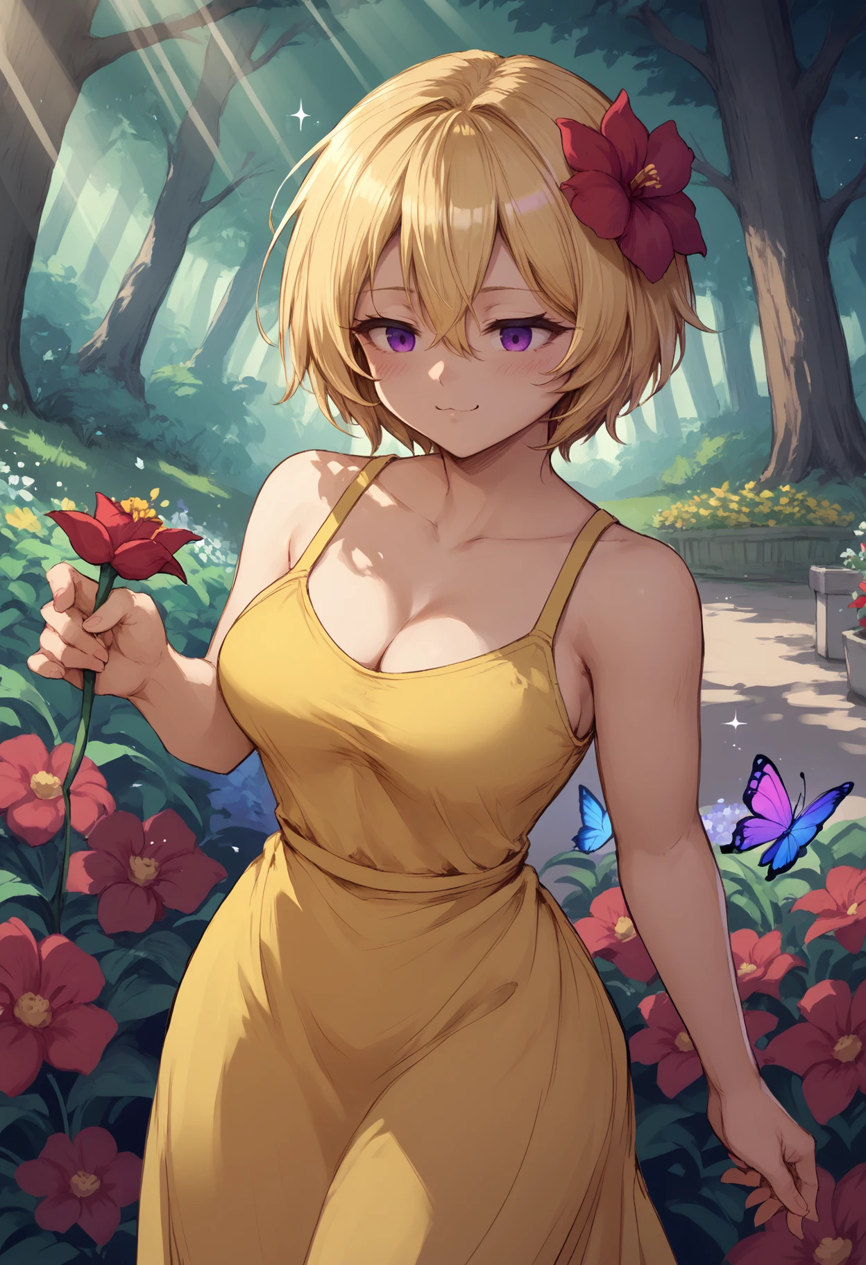 score_9, score_8_up, score_7_up, 1girl, clgret, purple eyes, short hair, hair between eyes, blonde hair, large breasts,
yellow sundress, sleeveless, cleavage, hair flower, red flower in hair, hair ornament,
blush, smug, dynamic pose, dynamic pose, giving flower, holding flower,
outdoors, garden, forest, (flowers, butterfly:1.1), pink theme, sunbeam, sparkle, light rays, glint, cowboy shot, dutch angle, 
<lora:Cless-Gretchen-Lilitales-PDXL_V1-Manityro-CAME:1.0>,