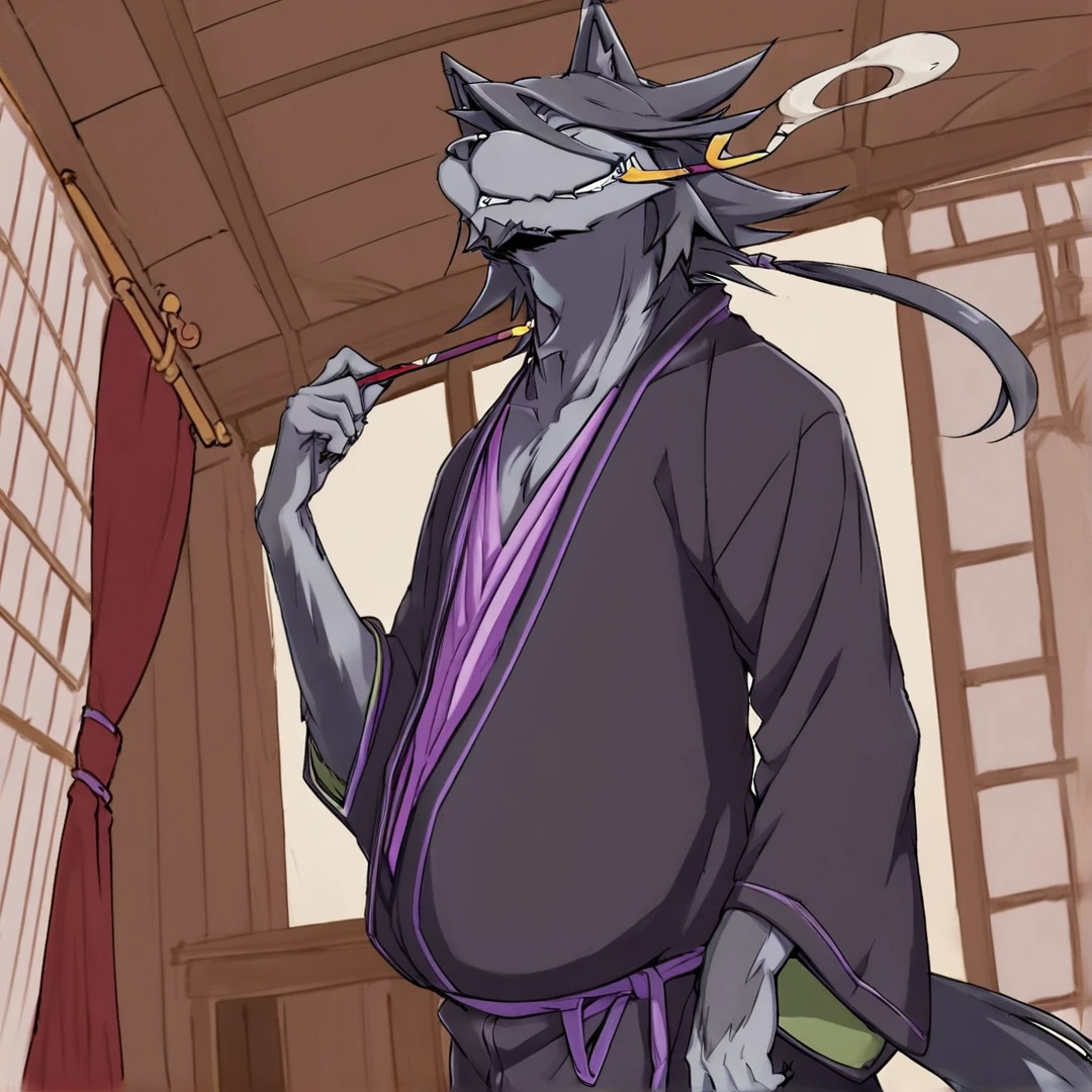 <lora:Halibel:1>, halibel, is a wolf human, with relatively long black fur, clad in a dishevelled black kimono, possessing worn-down purple accents, his golden eyes, are usually narrowed into two slits, he often likes biting on his golden kiseru with his teeth