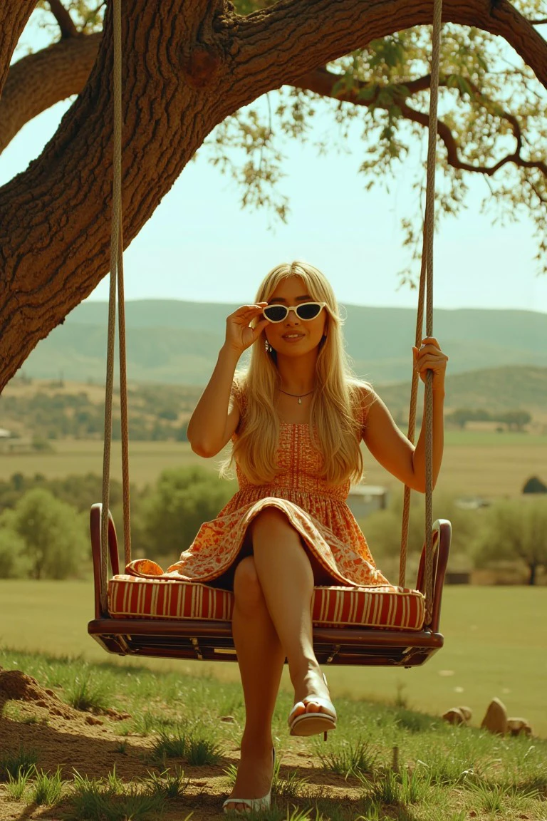 sabcexpro style, 
Lao A woman with blonde hair, wearing sunglasses, adjusting them with her hand, and looking towards the camera.,  Rajasthani woman standing, A woman sitting on a swing hanging from an old oak tree, her feet gently brushing the soft grass beneath her as she gazes out at the peaceful countryside., 
 <lora:clips_espresso_sabcexpro_style:1>