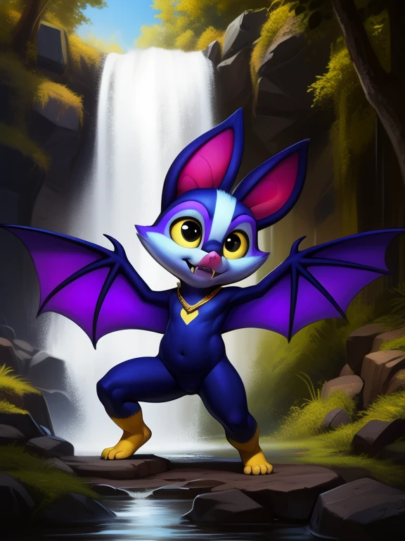 <lora:CammyCamazotzBatsNYif:1> CammyCamazotzBatsN, Bat, arms wings,  dark purple fur, yellow sclera, black eyes, light blue face, yellow feet,  ( chibi, small body,) male, gold necklace, gold necklace, ((yellow stripe on the forehead, dark purple belly,)) fangs,
Looks at the viewer, [ solo, nature, forest, day, clouds, waterfall, nude, naced,]  ((dancing ))
beautiful, aesthetic, perfect, delicate, intricate, saturated colors, masterpiece, digital drawing, best quality,
by Darkgem, by Wildering, by Null-Ghost, by Silverfox5213, [[by Foxovh, by Chunie, by Pino Daeni, by Bonifasko]]