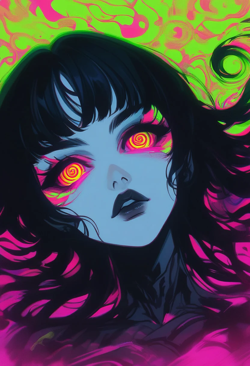 score_9, score_8_up, score_7_up, BREAK, GLSHS, illustration, 1girl, solo, surreal, red hypnotic eyes, long dark hair, bangs, black nails, lying down, red and black swirls, psychedelic background, vibrant colors, neon lighting, close-up, intense gaze, digital art, fantasy, glowing eyes, artistic, dreamy atmosphere