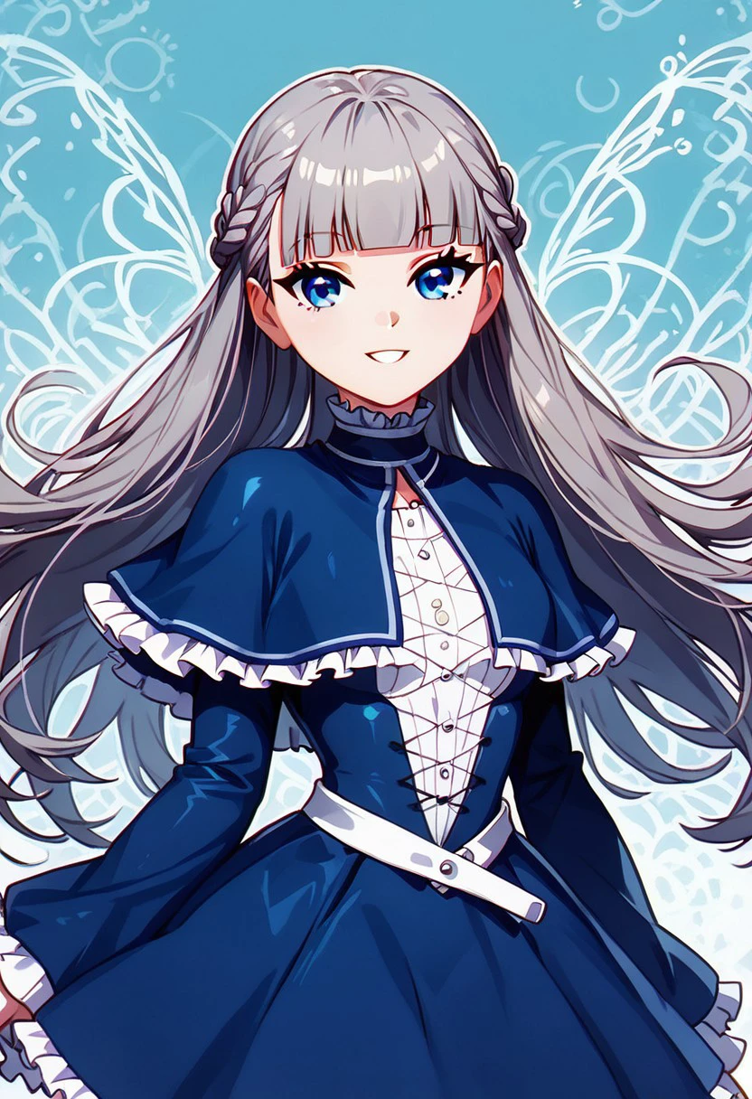 score_9, score_8_up, score_8, medium breasts, (curvy), cute, eyelashes,       BREAK, , 
,,,
zzLawine, long hair, braid, blue eyes, blunt bangs, grey hair, french braid, blue capelet, blue dress, long sleeves, frilled capelet,
,,,
smile, looking at viewer, 
,,,
abstract background, white outline, cowboy shot, 
,,,
zPDXL, Expressiveh,