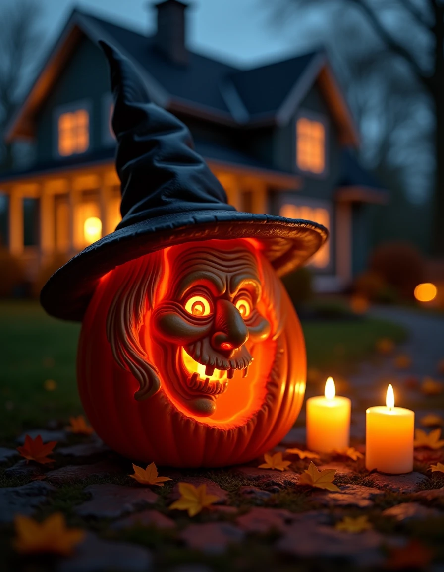 <lora:b4a-pumpkins:1> a b4a pumpkin carving with the 3d face of spooky old witch, background Halloween garden in front of a house a night, autumn leafs, burning candles