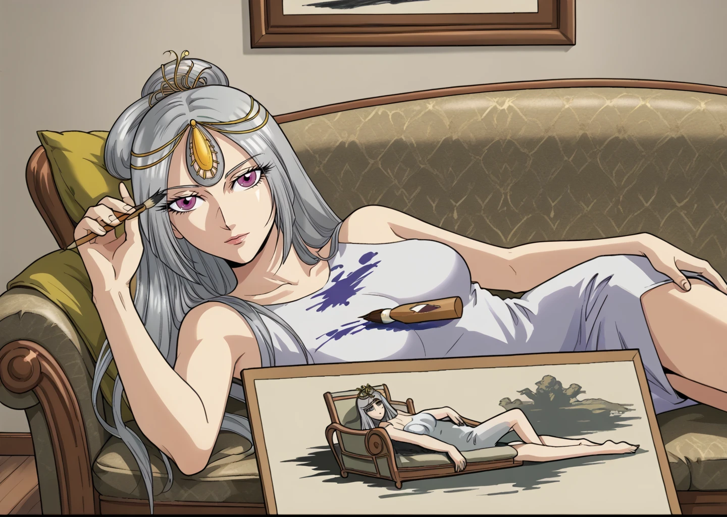 <lora:draw_me_french_girl_meme:1>,drawing,couch,modeling,lying on the sofa,looking at viewer,(bad painting:1),holding paintbrush,<lora:mohe3:1>,1girl,long hair,solo,grey hair,purple eyes,