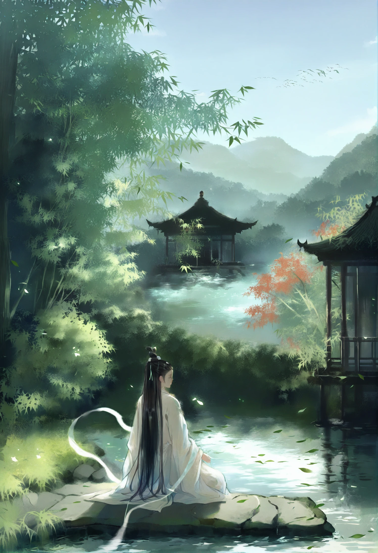 1girl, 1boy, male focus, 
solo, topknot, sitting, black hair, hanfu, leaf, tree, outdoors, east asian architecture, architecture, scenery, bird, chinese clothes, nature, grass 
masterpiece, amazing quality, rock, forest, robe, long hair, long sleeves, from side, shawl, white robe, bush, wide sleeve, day, hagoromo, falling leaves, wide shot, closed eyes, facing away, water, stairs,
best quality, very aesthetic, absurdres
 <lora:inkcharacterlokr_for_illustrious-000185:0.95>