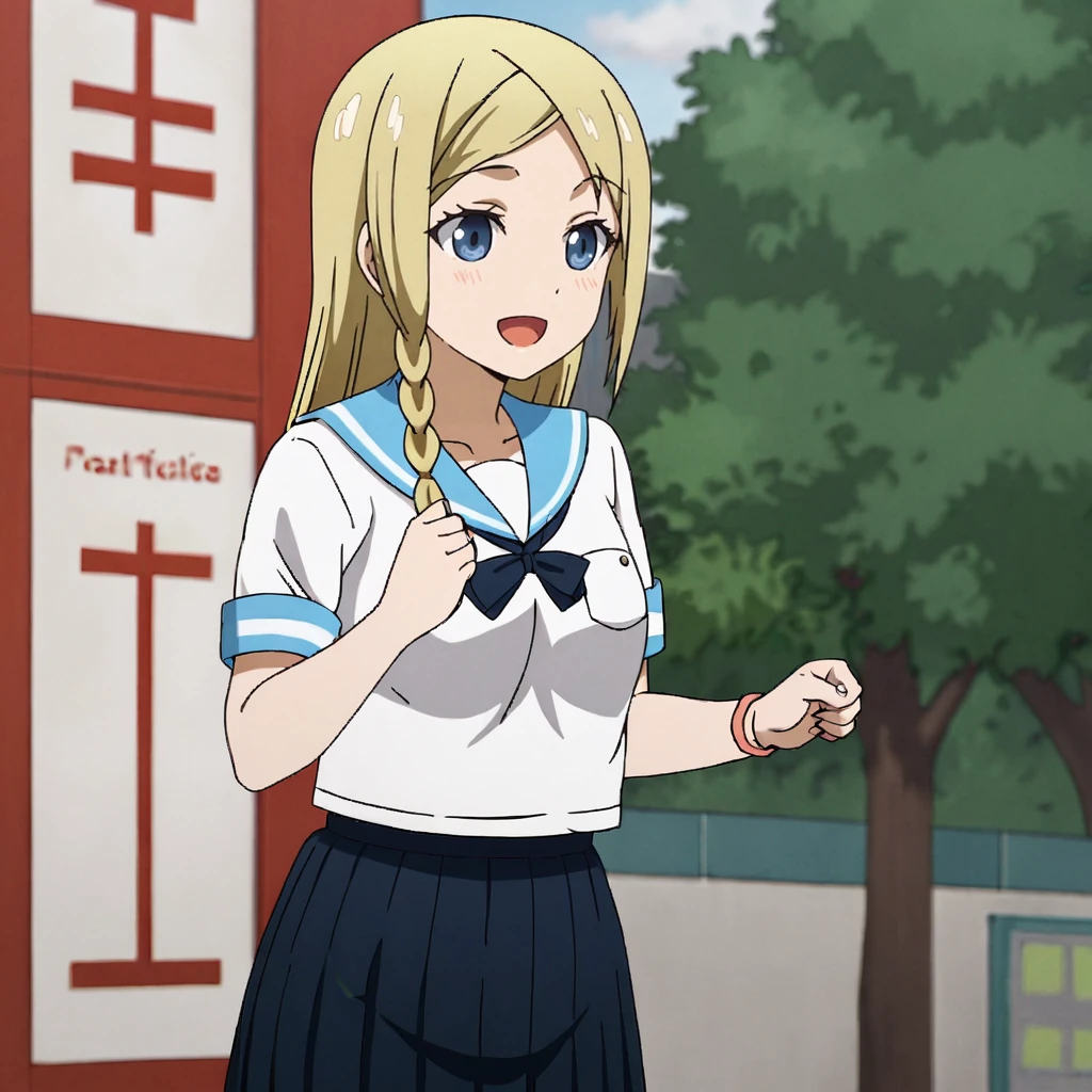 <lora:hayasakaai_pony_v1:.8>HayasakaSchool2, 1girl,solo,  school uniform, blonde hair, blue eyes,  pleated skirt, single braid, serafuku, long hair, short sleeves, black skirt, sailor collar, white shirt, cowboy shot