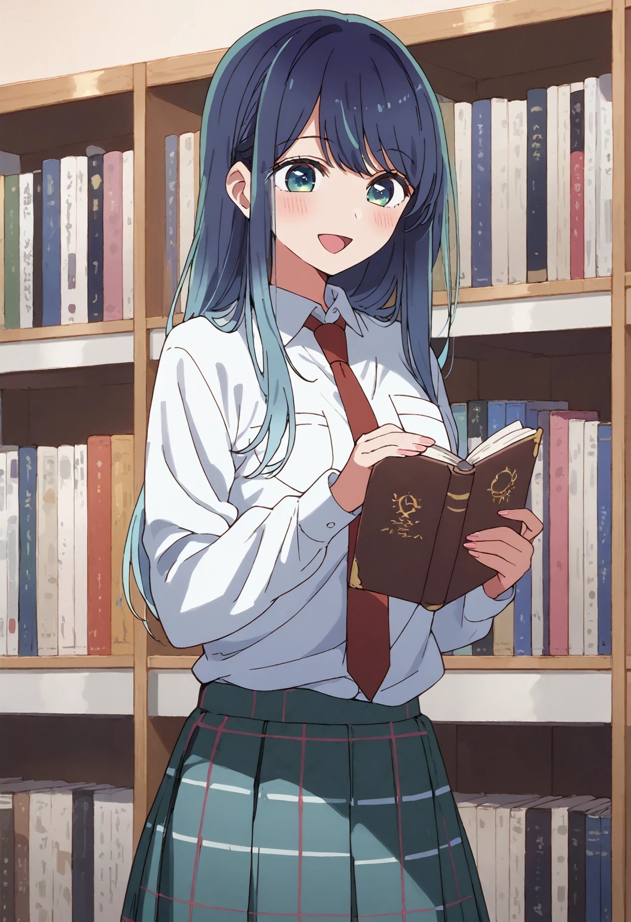 score_9, score_8_up, score_7_up, , score_ANIME,,kurokawaakane, 1girl, solo, red necktie, long hair, blue hair, smile, blush, bookshelf, white shirt, open mouth, long sleeves, aqua eyes, book, collared shirt, plaid skirt, indoors, pocket, bangs, pleated skirt, breast pocket, standing, cowboy shot, shirt tucked in   <lora:kurokawaakane_pony2:0.95>   cowboy shot,smile, breasts, holding book,  looking down,