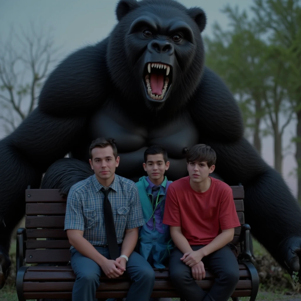 cinematic film still of  <lora:Goosebumps style v1:0.9>
In a fictional dark fantasy world a group of people sitting on a bench in front of a giant gorilla,black hair,male focus,multiple boys,necktie,teeth,2boys,3boys,clenched teeth,realistic,animification,wolf,bear , dramatic light, horror themed, cinematic, Goosebumps style, shallow depth of field, vignette, highly detailed, high budget, bokeh, cinemascope, moody, epic, gorgeous, film grain, grainy