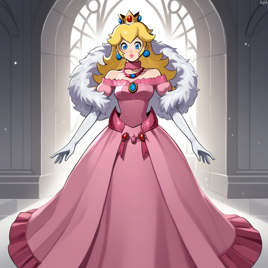 score_9, score_8_up, score_7_up, score_6_up, score_5_up, score_4_up, zPDXL2,source_anime,rating_questionable, 1girl, princess peach, <lora:Gremory_Outfit_-_Fire_Emblem_Three_Houses:0.8> gr3mory,white fur trim, bare shoulders, pink off-shoulder dress,long dress, jewelry, white elbow gloves,