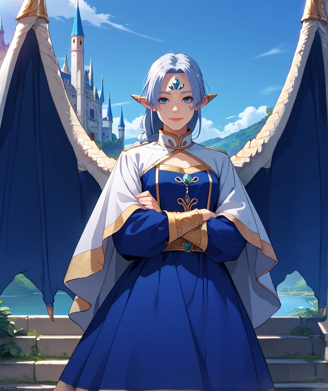 score_9, score_8_up, score_7_up, score_6_up, source_anime,outdoors, castle, fantasy, 
BREAK
soldrake, pointy ears, long hair, braid, wings, solo, white hair, forehead jewel, single braid, 1girl, blue eyes, robe, blue dress, ear covers, dress, long sleeves, jewelry, dragon wings, cape, braided ponytail, hair tubes, blue hair, closed mouth, white cape, facial mark, forehead mark, looking at viewer,smile, cleavage, medium breasts,standing, crossed arms, 
<lora:soldrake-ponyxl-fandingo:0.8>