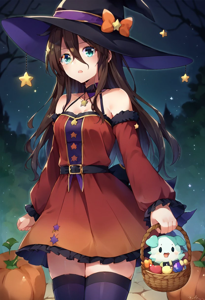 score_9, score_8, score_7, source_anime, trick or treat, hat, basket, bare shoulders, long sleeves, night, thighhighs, dress, star (symbol), hair between eyes, witch hat