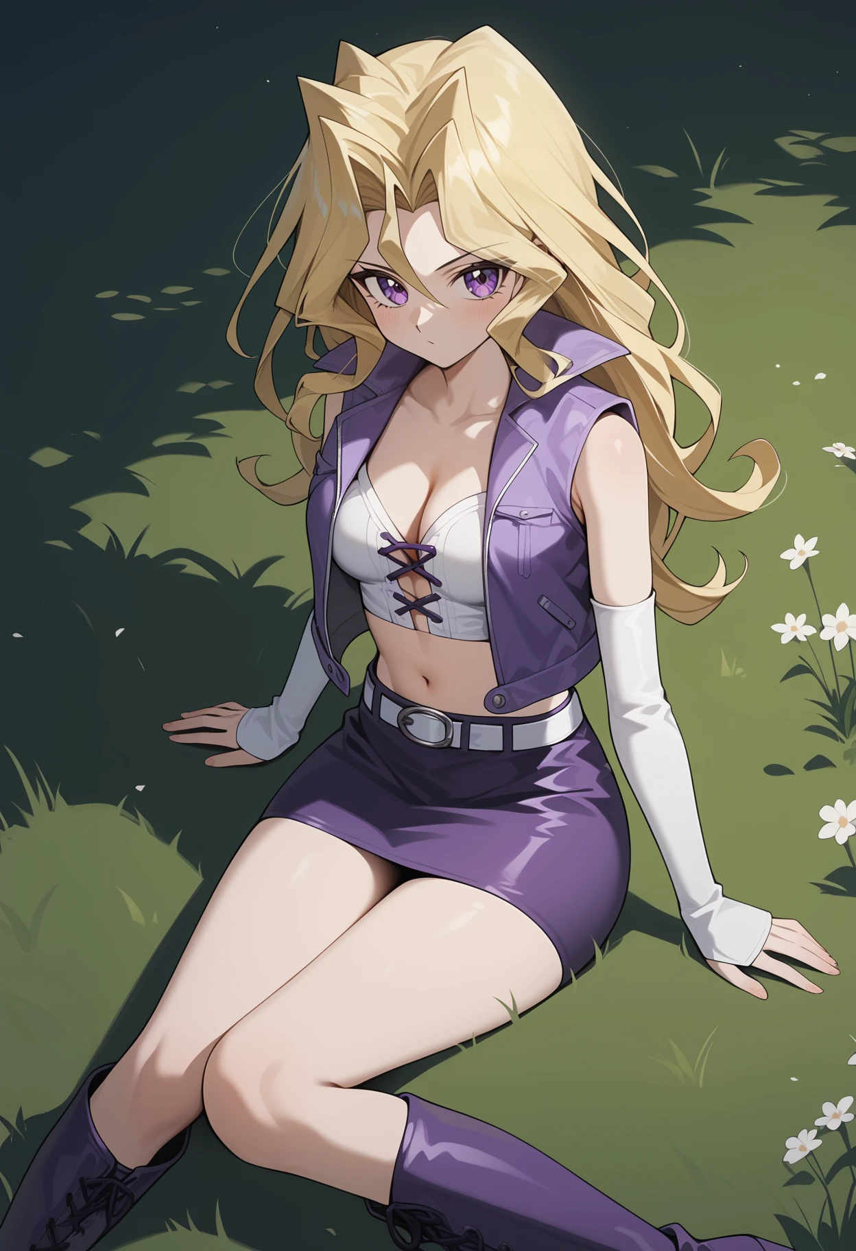 score_9, score_8_up, score_7_up, score_6_up, score_5_up, score_4_up, source_anime, aamai, long hair, blonde hair, purple eyes, breasts, cleavage, crop top, white shirt, cross-laced clothes. cropped jacket, purple jacket, open jacket, sleeveless, detached sleeves, white sleeves, midriff, white belt, miniskirt, purple skirt, thighs,<lora:kujaku_mai_ponyxl_v1:0.9>,  sitting, on floors, grass, boots, purple footwear,