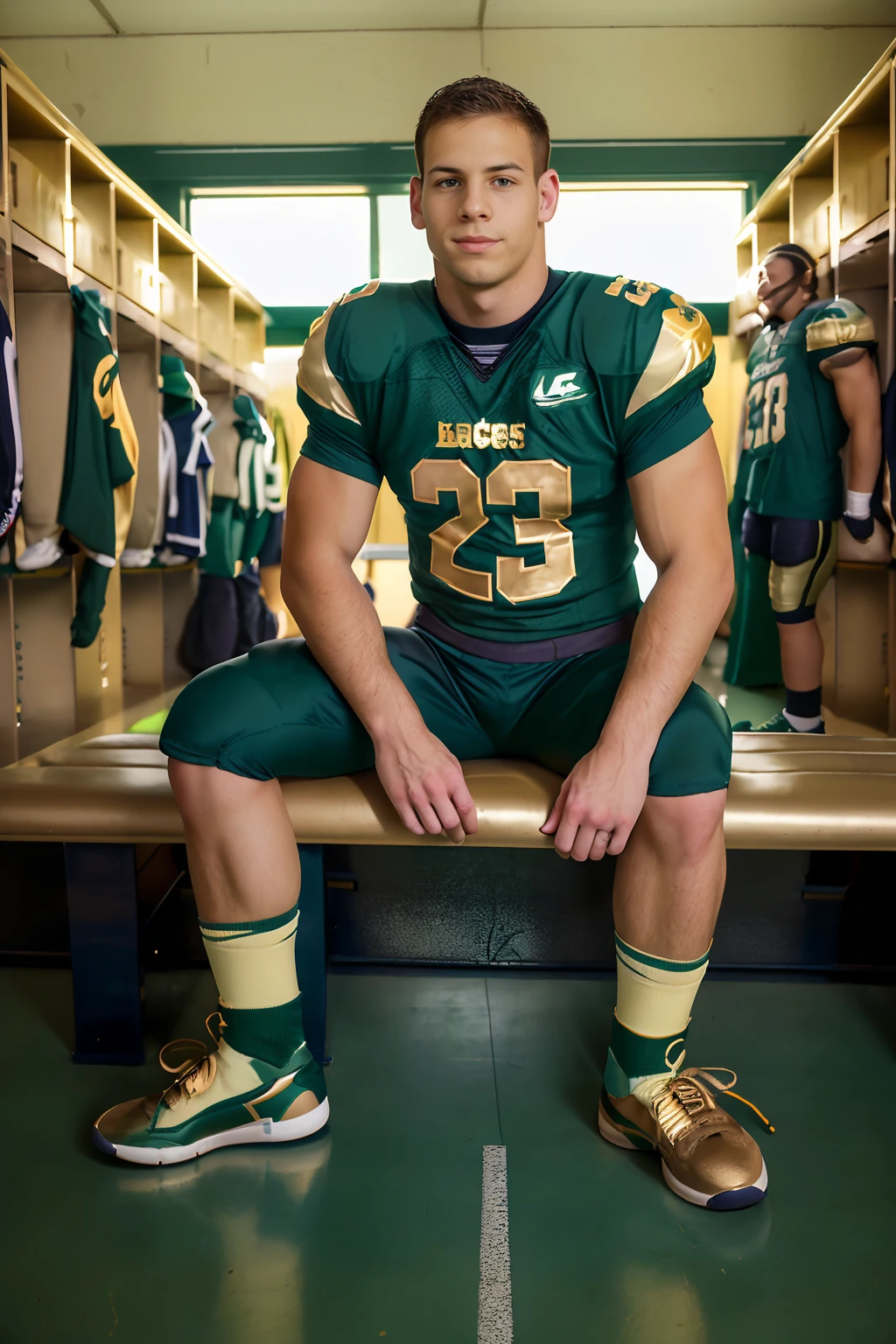 locker room, sitting on a bench, in front of lockers, slightly smiling, DickCasey is an (American football player), wearing (football uniform:1.3), (dark green jersey:1.4), dark green (shoulder pads), jersey number 23, (pale gold football pants:1.4), (dark green socks:1.3), long socks, (sneakers:1.5), (((full body portrait))), wide angle  <lora:DickCasey:0.8>