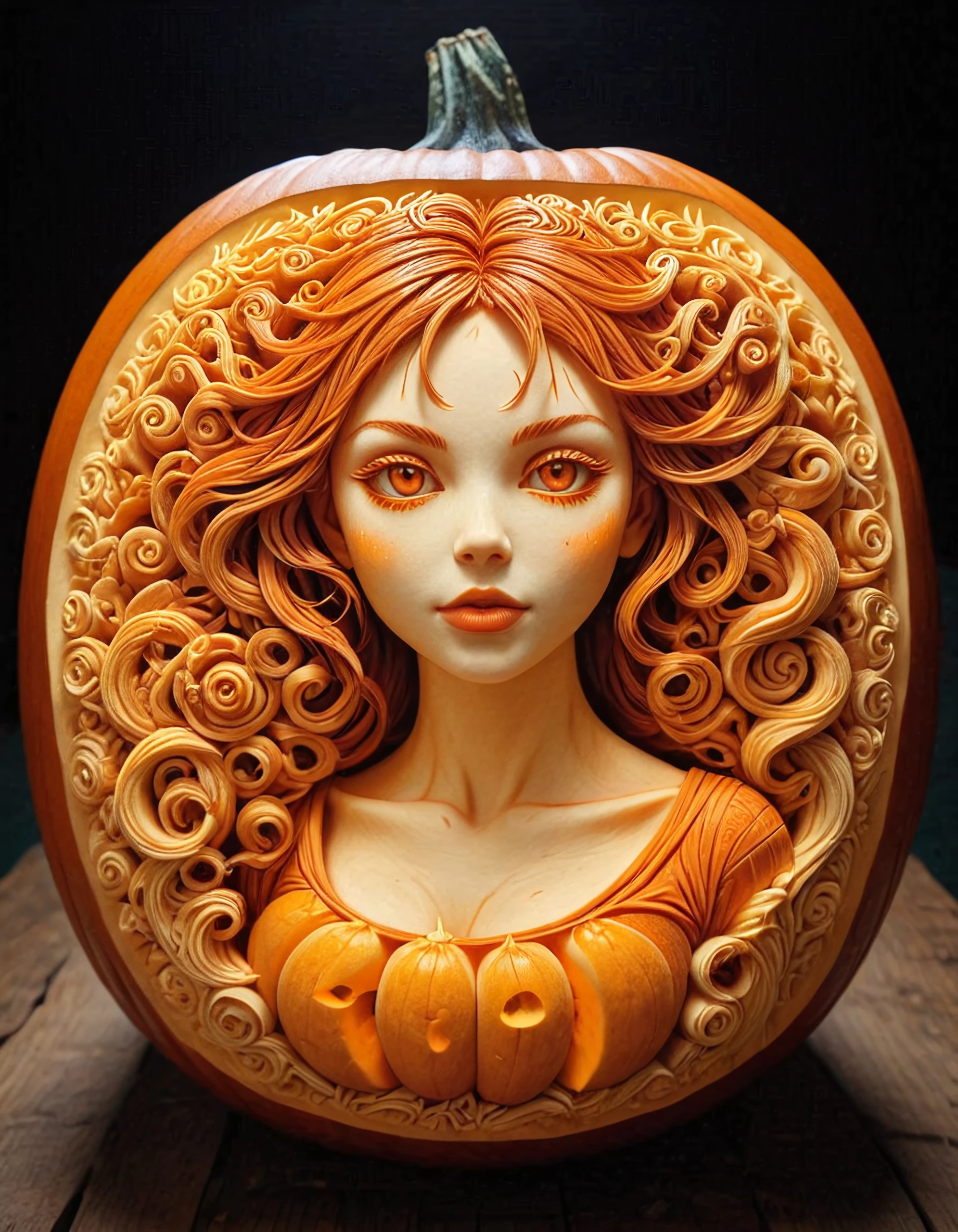 pumpkarv, carved pumpkin art of a beautiful girl