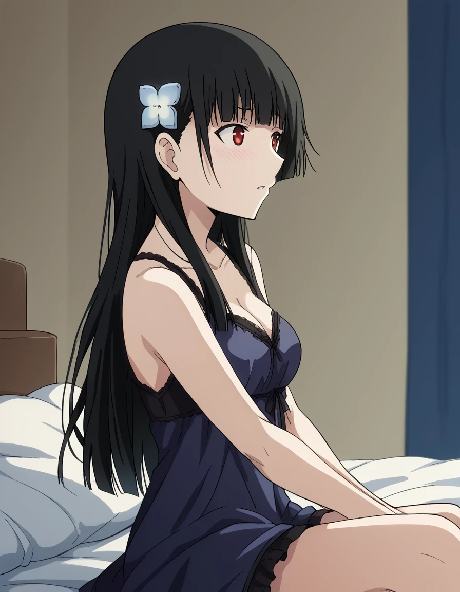 score_9, score_8_up, score_7_up, source_anime, <lora:rea-sanka-s1-ponyxl-lora-nochekaiser:1>, rea sanka, red eyes, black hair, bangs, blunt bangs, black hair, hair ornament, hair flower, sidelocks, medium breasts,, <lora:negligee-ponyxl-lora-nochekaiser:1>, negligee, sleeveless, underwear,, bed, bed room, on bed, wariza, sitting, blush, from side, parted lips, collarbone,, , dutch angle,