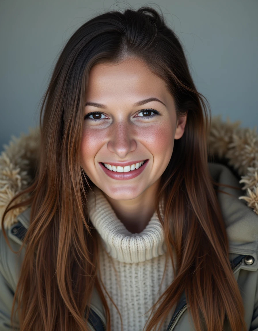 extreme close up portrait photo of a beautiful woman, she has sleek long hair, her skin has a high detailed texture and shows details like moles, small hairs and pores and she is dressed in a cozy cabin getaway look with thermal layers, a heavy-duty parka, and snow boots, ready for a winter wonderland adventure. Her expression is  laughing. With a cold colors lighting. <lora:shantellora-000012:1.2>