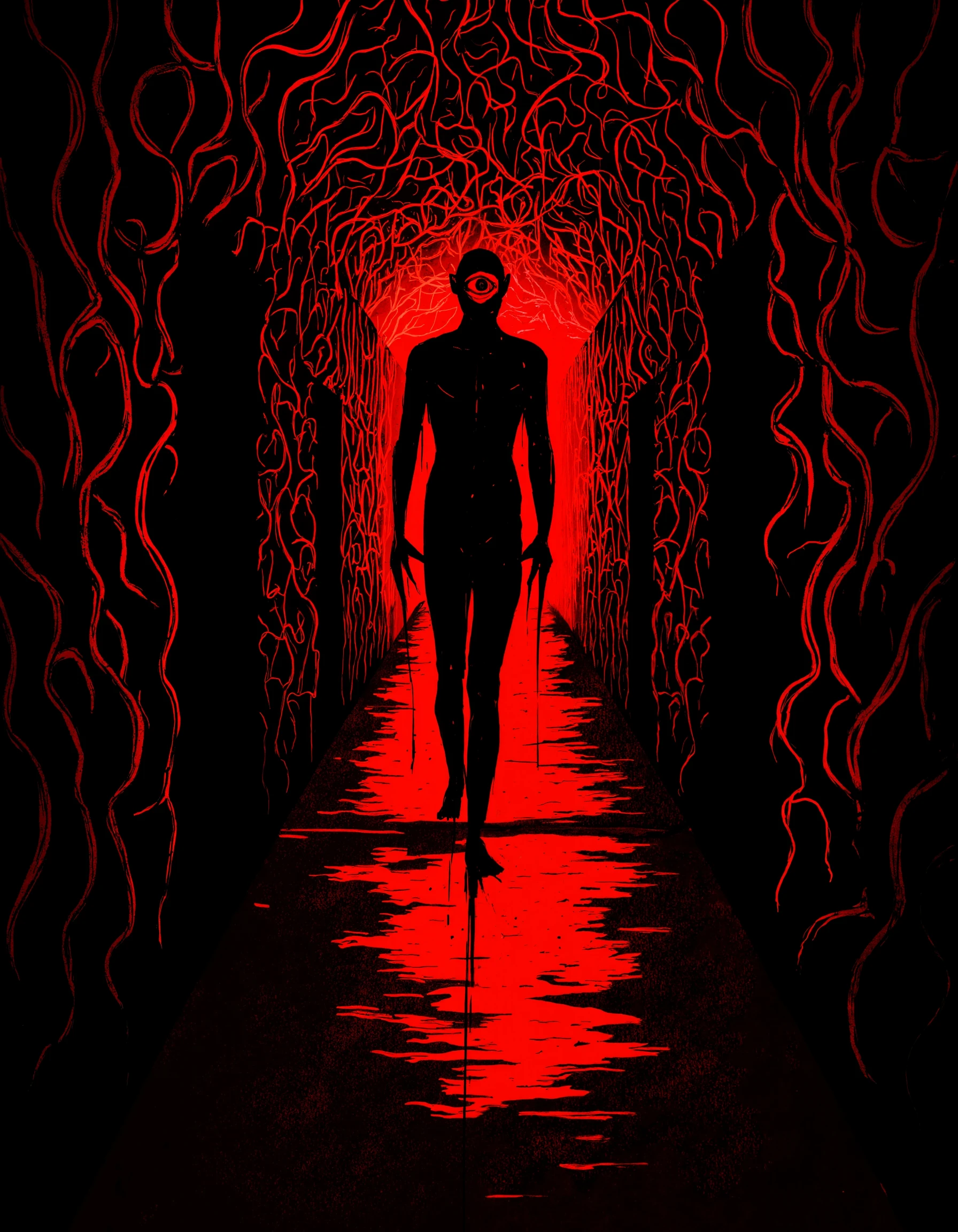 i see red, In a dark, forgotten hallway, the walls are alive. Covered in a pulsating, breathing mass of dark tendrils, they writhe silently, shifting and twisting like serpents in the black void. Each tendril has a life of its own, reaching out to caress the air, searching for something—someone—to devour. At the end of the hallway stands a figure, human in shape but not in essence. Its skin is jet-black, glistening like oil, and its face is a blank canvas, devoid of any features except for a single, blood-red eye embedded deep in the center of its head. Its body shifts constantly, limbs elongating, contracting, reforming as it moves forward in jerky, unnatural motions. As it moves, a deafening silence fills the air, a silence so thick it presses against the mind, crushing thoughts and twisting them into nightmares. The only sound is a low, wet squelching as the figure steps forward, its bare feet sinking into the tendrils that cover the ground. From behind, the walls start to close in, the tendrils thickening, forming into grotesque shapes—faces with mouths that open impossibly wide, whispering horrors that could drive anyone mad. There is no escape. The silence has taken hold, and it is dragging everything into the black void.