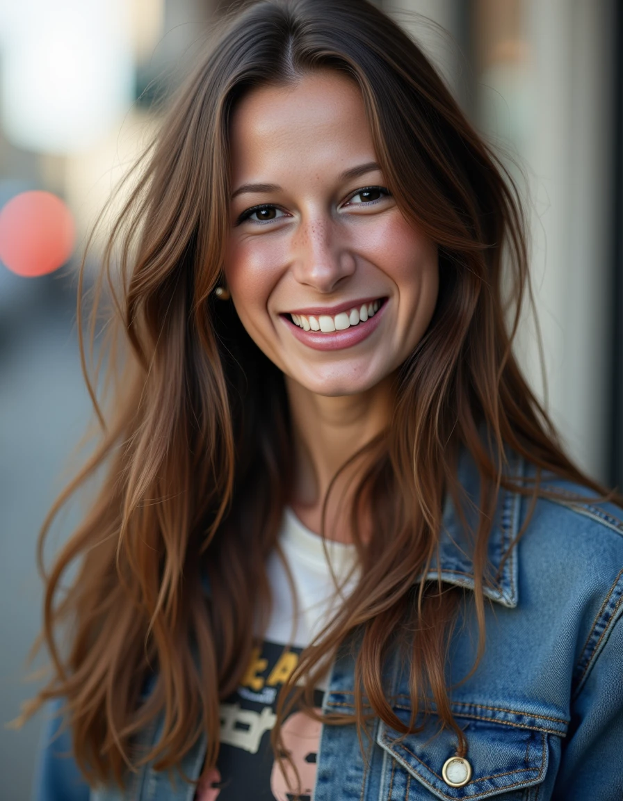 extreme close up portrait photo of a beautiful woman, she has sleek long hair, her skin has a high detailed texture and shows details like moles, small hairs and pores and she is dressed in a classic, casual denim jacket thrown over a graphic tee, with relaxed-fit jeans and a pair of fresh sneakers for a laid-back city look. Her expression is  laughing. With a cold colors lighting. <lora:shantellora-000012:1.1>