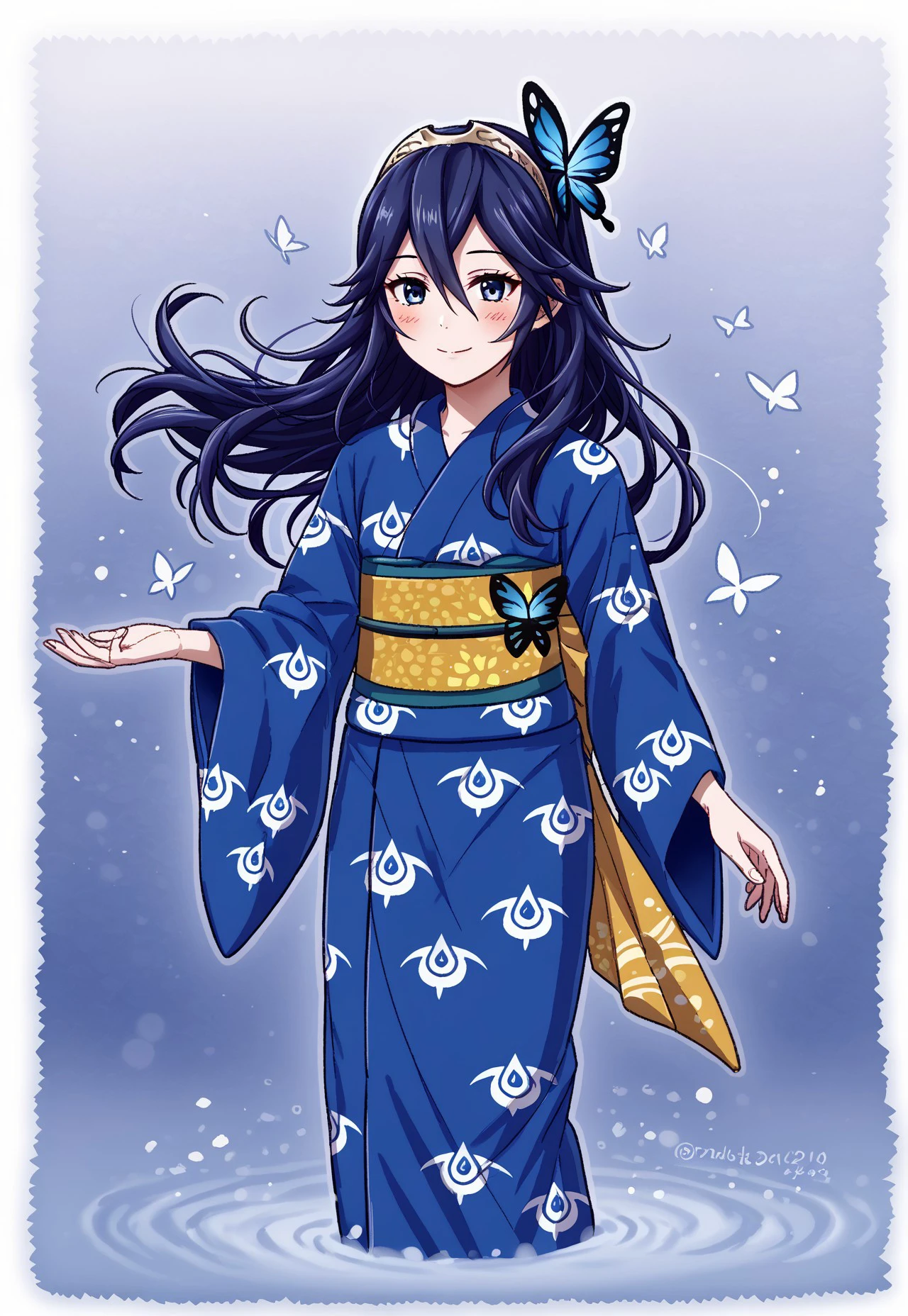 1girl, arm_at_side, blue_eyes, blue_hair, blue_kimono, blue_yukata, blush, butterfly_ornament, eyelashes, female_focus, fingernails, flat_chest, floating_hair, hair_between_eyes, hair_ornament, japanese_clothes, kimono, smile, long_hair, long_sleeves, looking_at_viewer, obi, parted_bangs, print_kimono, print_yukata, sash, sidelocks, standing, symbol_in_eye, tiara, traditional_clothes, transparent_background, wide_sleeves, yellow_obi, yellow_sash, yukata, full body