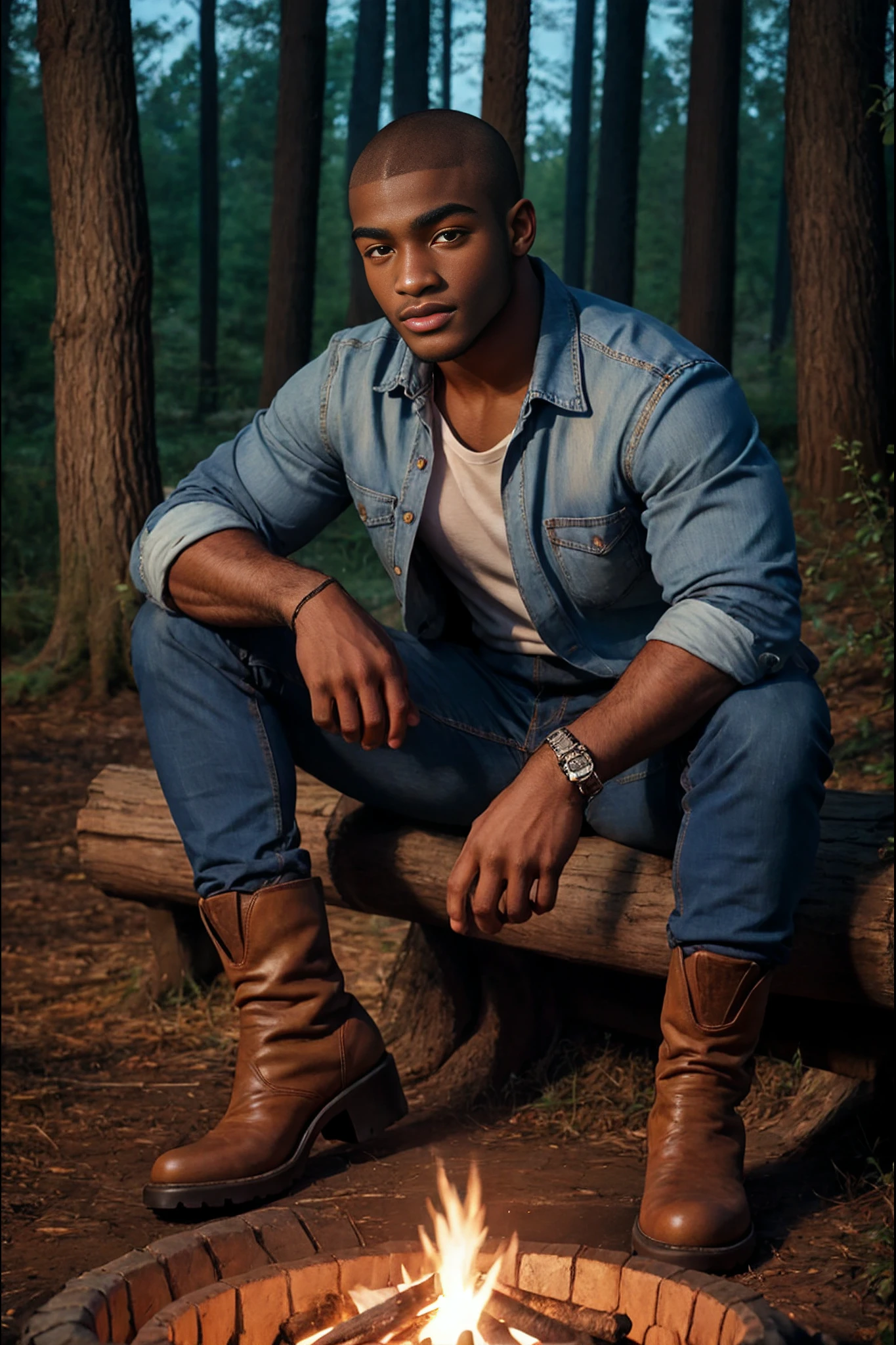 <lora:Thabo_Adamu_V1_GV:1> An incredibly attractive, 1boy, African American, (dark skin:1), shaved head, Masterpiece, photo-realistic, Crystal clear, highly detailed, college man. He is sitting near a bonfire in a dark forest at night, wearing denim pants, shirt, brown boots, rolled up sleeves.