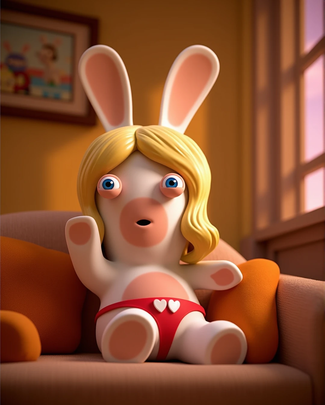 a 3d cartoon of a rabbids wearing a red thong, lying on a couch, slight smiling, blonde wig, romantic light, warm, 