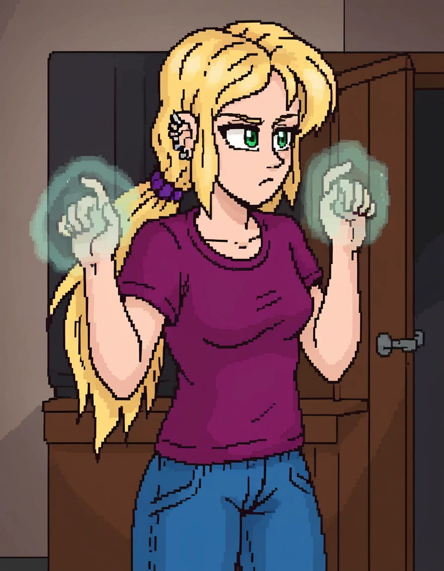 score_9, solo, portrait, spooky house, magic, glowing hands, hands raised, indoors, dark, furniture, concentrating, frown, 
<lora:Jennifer Lloyd (CURSED):0.7> JenniferLloyd, (ear piercing:1.2), blonde hair, long hair, forelocks, green eyes, low ponytail, t-shirt, jeans, shoes,