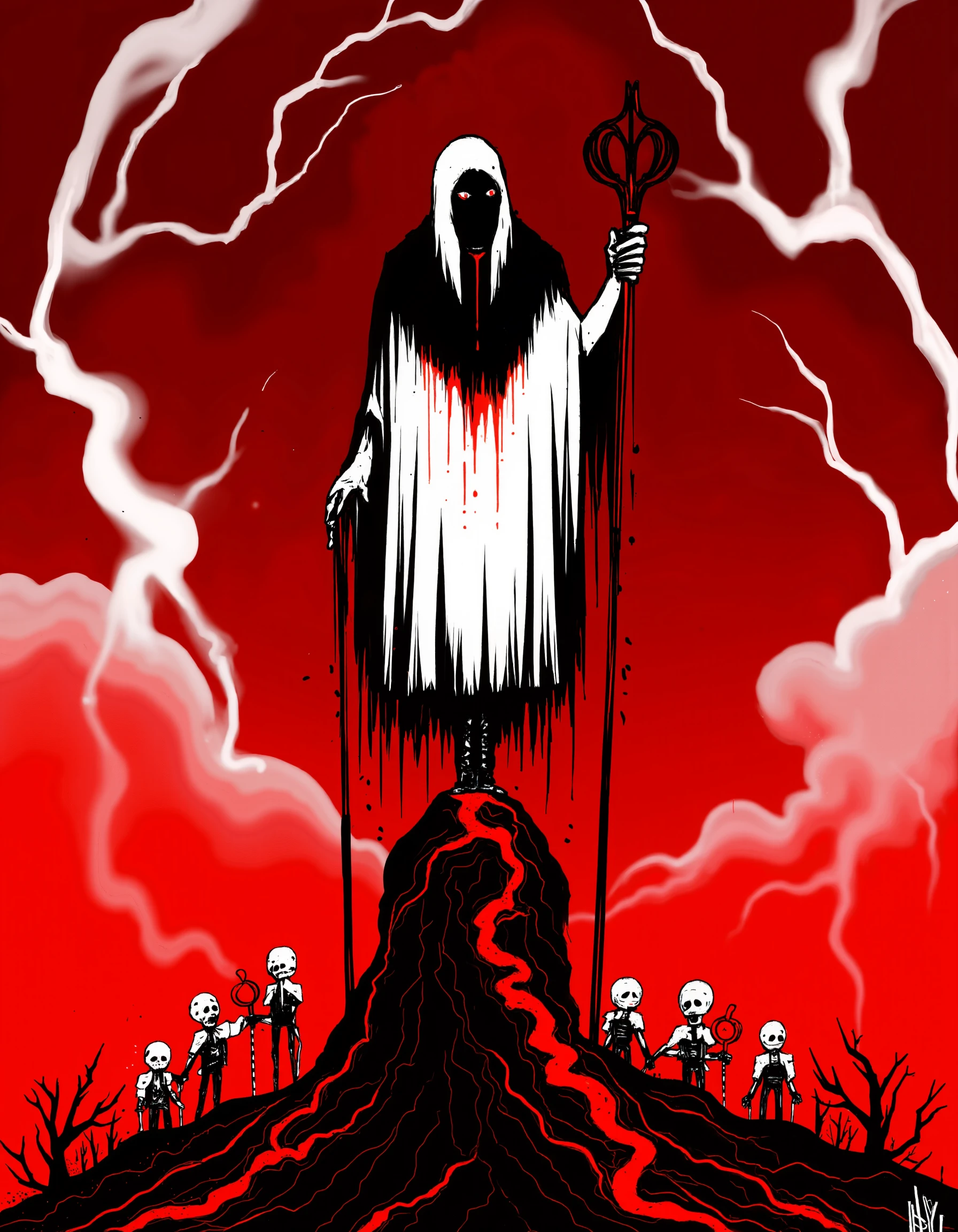 i see red, Perched atop a jagged, blood-soaked rock stands a tall, thin figure draped in tattered, white robes stained red at the edges. Its face is concealed beneath a black hood, the only visible feature a single, wide-open eye glowing bright red against the darkness of its hood. Its skeletal hands clutch a long, crooked staff that drips with fresh blood, leaving a trail wherever it moves. Behind the figure, the sky swirls with blood-red clouds, occasionally flashing with bursts of dark lightning, though there is no sound. The ground below is cracked and scarred, with black, viscous liquid seeping through the fissures. Surrounding the Watcher are motionless figures, their white, faceless heads turned up toward the sky, as if frozen in a moment of horror. Each one stands in perfect stillness, hands bound behind their backs, black chains dripping blood at their feet. The Watcher’s eye never blinks, staring intently at the figures, as though waiting for something to stir.