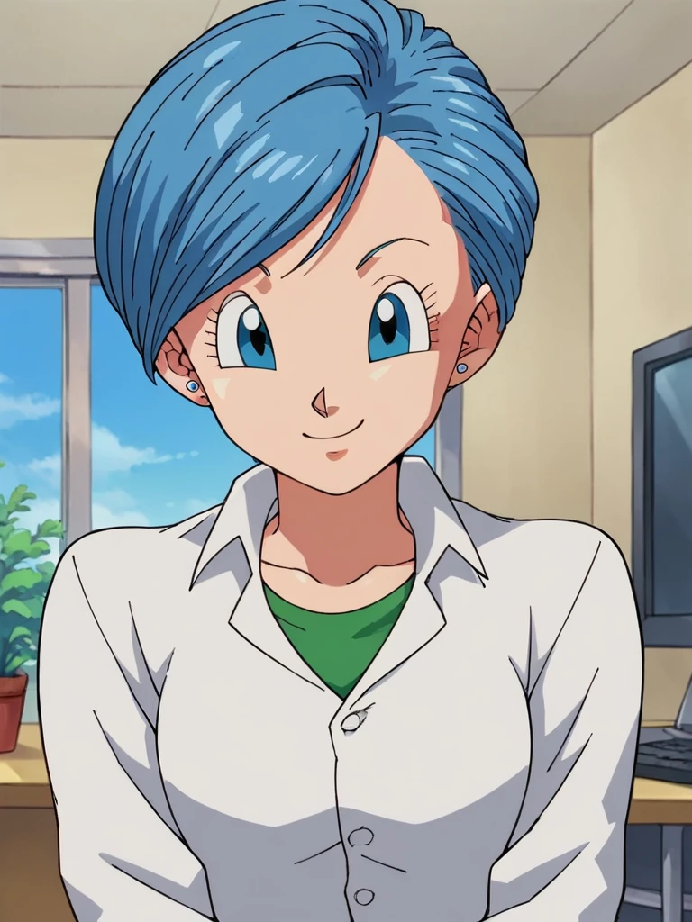 score_9, score_8_up, score_7_up, 
1girl, bulma, blue hair, blue eyes, short hair, swept bangs,

smile, looking at viewer, indoors, office, white shirt, green t-shirt, 