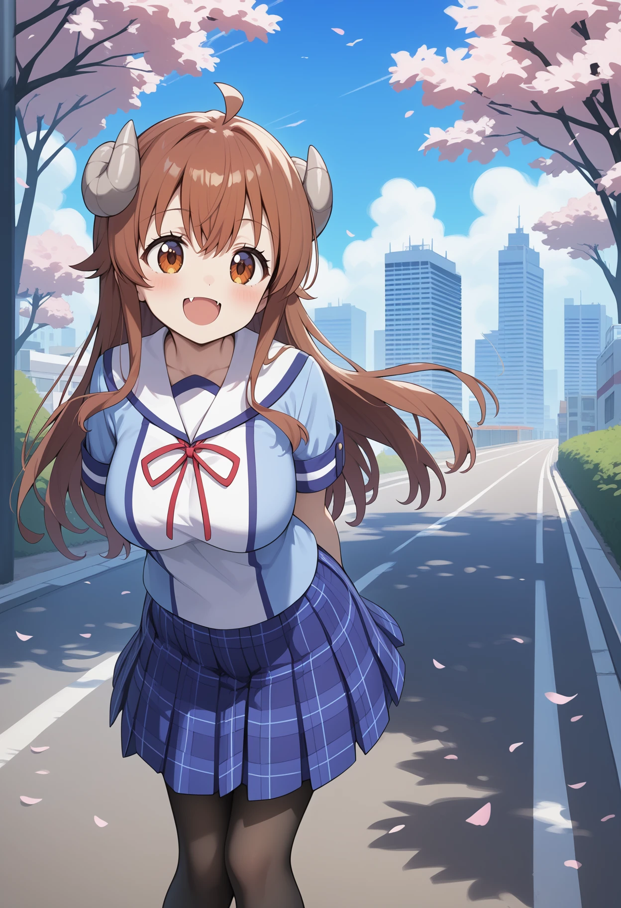 score_9, score_8_up, score_7_up, score_6_up, score_5_up, score_4_up, source_anime, aayuuko, long hair, brown hair, ahoge, horns, brown eyes, fang, large breasts, school uniform, white sailor collar, neck ribbon, blue shirt, short sleeves, plaid skirt, blue skirt, black pantyhose, <lora:yoshida_yuuko_ponyxl_v1:0.9>, arms behind back, leaning forward, standing, outdoors, open mouth, cherry blossoms, smile, city, road,