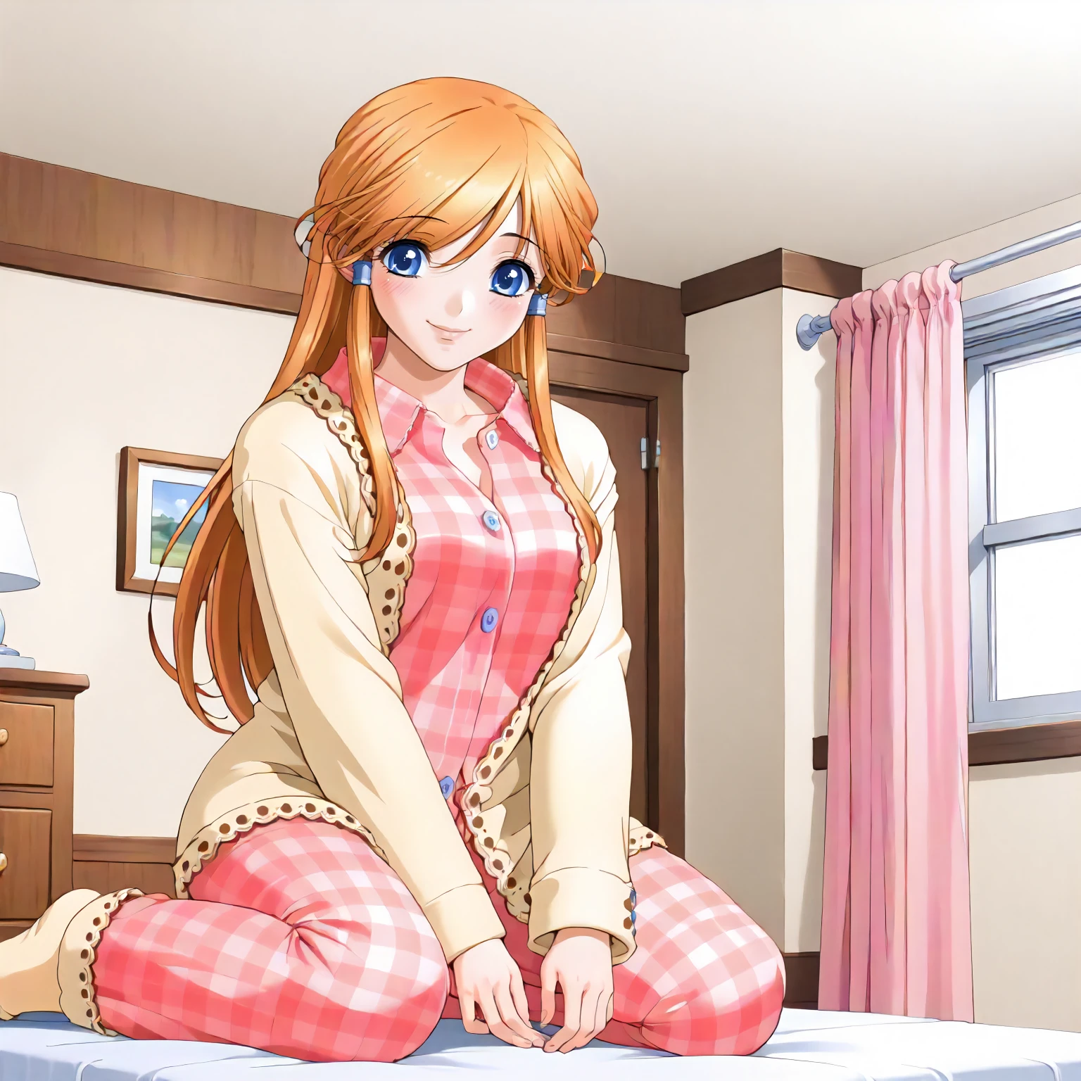 <lora:AtB_MikanHanamaruXLpony001>,
indoors,
smile,
solo,
MikanHanamaru,1girl,orange hair,long hair,hair tubes,blue eyes,
pajamas,plaid shirt,yellow cardigan,
pink plaid pants,
kneeling,