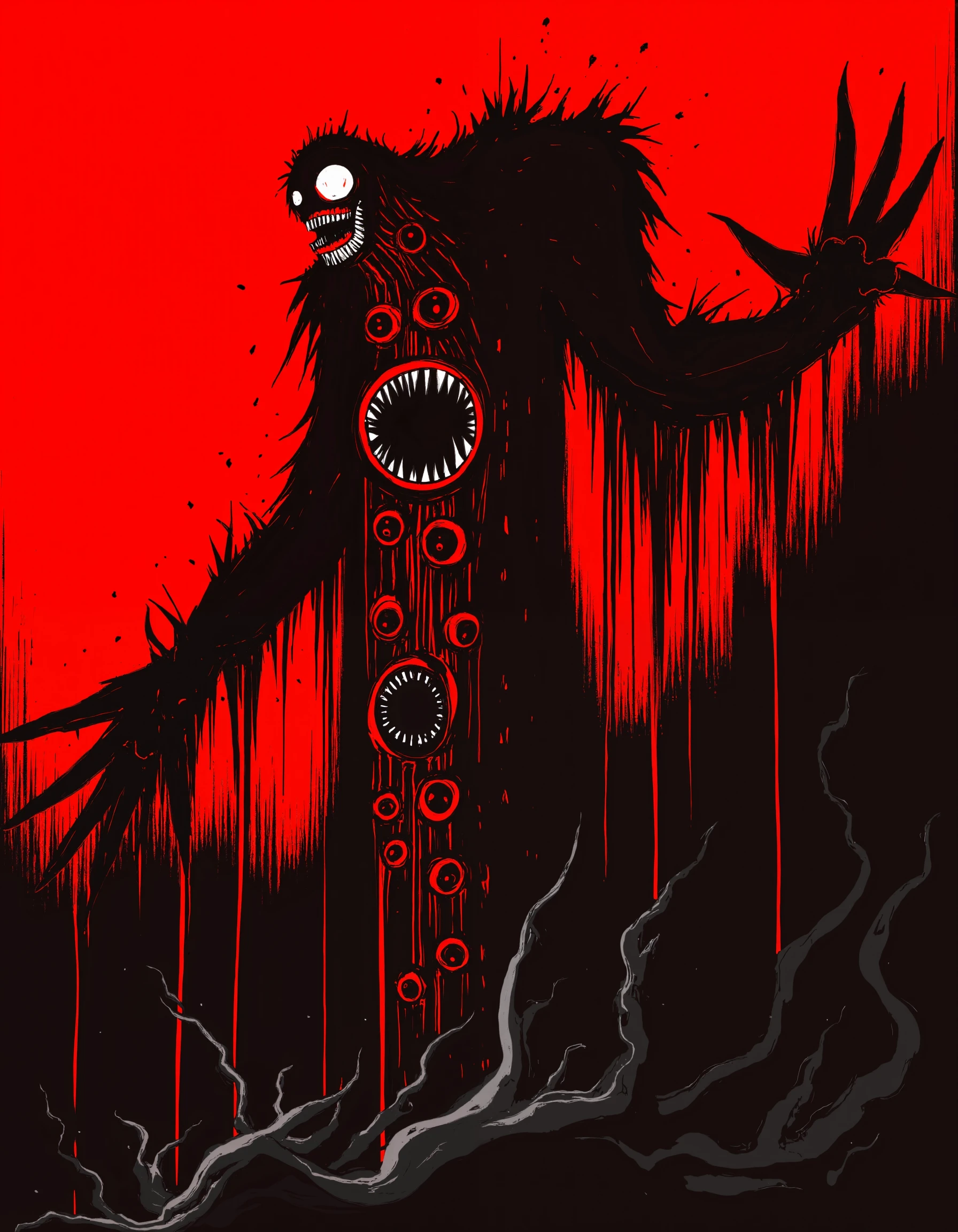 i see red, In an impossibly large void, stands a titanic figure, its form too massive to comprehend. It is covered in writhing, black tendrils, each ending in a sharp claw or a jagged mouth. Its torso is an expanse of skin stretched taut over shifting bones, pulsating veins of pure black running beneath translucent flesh. Its face is nothing more than a circular, red maw, full of teeth too long and too sharp, set in multiple layers, spiraling infinitely inward. Surrounding its "head" are countless floating red eyes, each larger than a person, each staring directly into your soul, dissecting every thought, every secret, every fear. The sky bleeds an oppressive red light, illuminating the incomprehensible structure behind it, a shifting maze of twisted architecture. The god does not speak, yet its presence invades every sense, overwhelming with the knowledge that it sees everything, that you are nothing. The very air vibrates with low, guttural hums that grow louder the longer one remains, promising something far worse than death.