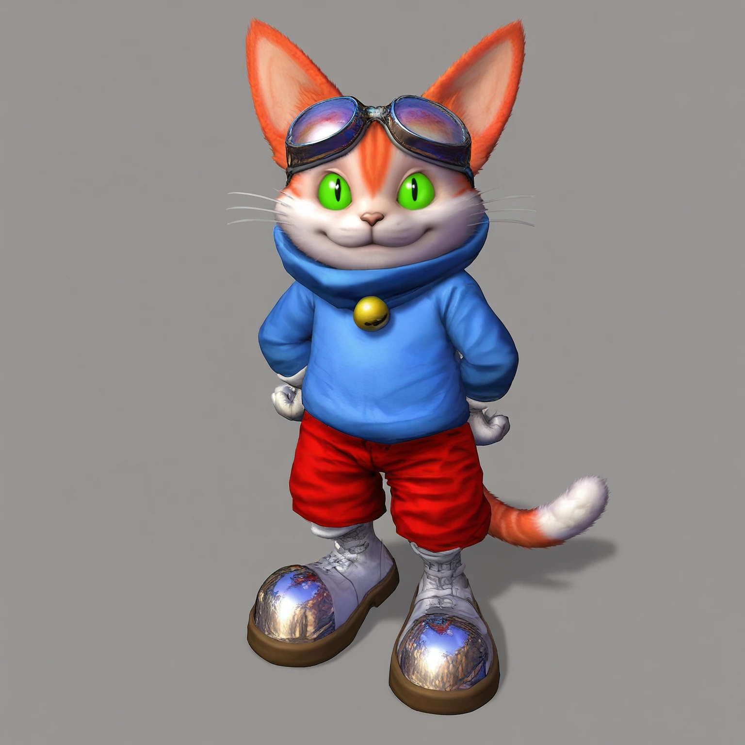 zPDXL,score_9,score_8_up,score_7_up,<lora:Pony_DetailV2.0:1.5>,absurd res,source_furry BREAK blinx,felid,green eyes,orange fur,white fur,<lora:blinx:1>,goggles on head,blue_hoodie,red shorts,silver_shoes,shiny_shoes,simple background,front view,smile,