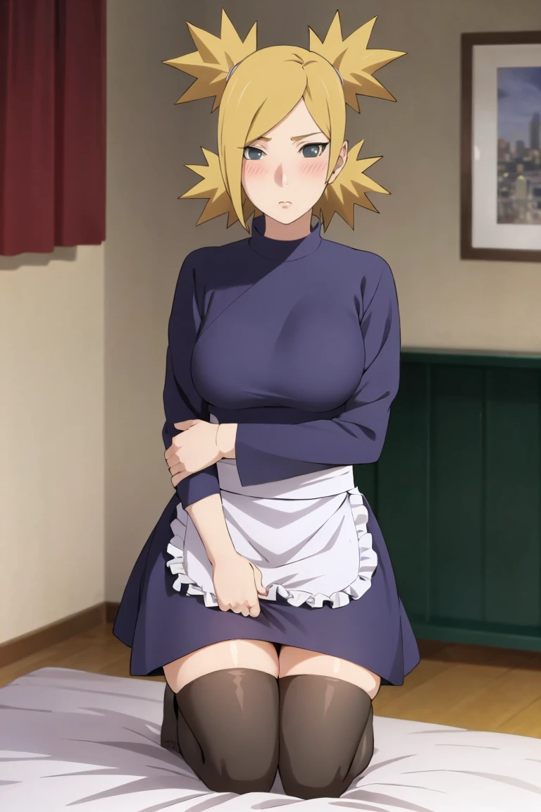 masterpiece, best quality,
1girl, temari, blonde hair, quad tails, blue eyes,
maid uniform, black dress, stockings,
kneeling, looking at viewer, blush, solo, bed, bedroom background  <lora:TemariBoruto_byKonan:1>