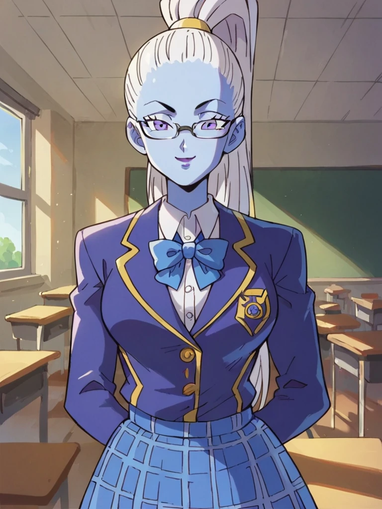 score_9, score_8_up, score_7_up, 
1girl, vados, blue skin, white hair, purple eyes, high ponytail, 

standing, classroom, smile, looking at viewer,

school uniform, blue blazer, white shirt, blue bowtie, blue skirt, plaid skirt, glasses, 