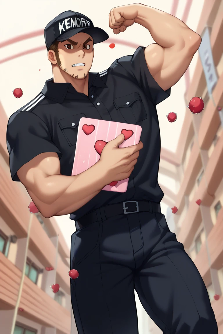 score_9, score_8_up, score_7_up, score_6_up, perfect anatomy, perfect proportions, best quality, masterpiece, high_resolution, high quality, best aesthetic, incredibly absurdres, highres, extremely detailed, huge filesize, mature, masculine, manly, virile, handsome, charming, alluring, bara, male focus, solo male, cowboy shot, dutch angle, source_anime \(Cells at Work! CODE BLACK\), anime coloring \Cells at Work! CODE BLACK\), Memory T Cell \(Cells at Work! CODE BLACK\), CaWBlMemoryTCell, brown hair, brown eyes, thick eyebrow, long sideburns, facial hair, stubble, CaWBKillerTCell_outfit, black cap, Killer T Cell cap \(Cells at Work\), Killer T Cell uniform \(Cells at Work\), black shirt, short sleeves, black pants. from below, low angle, flexing, 