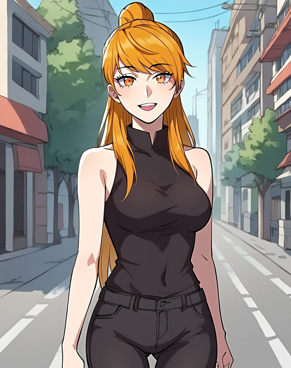 xiao_ninger, orange hair, orange eyes, long hair, ponytail, bare shoulders, manhua, black chinese shirt, sleeveless, black pants BREAK outdoors, city street, BREAK looking at viewer, sexy face, sexy smile, open mouth, cowboy shot, BREAK score_9, score_8_up, score_7_up, source_anime ,zPDXL, perfect hand,  <lora:Xiao_Ninger:0.8>, solo