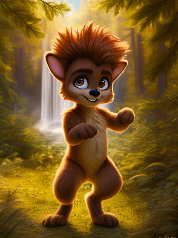 <lora:MaxWishMonYif:1> MaxWishMon, werewolf, brown fur, black nose, brown eyes, paws,, ( chibi, small body,) male,
Looks at the viewer, [ solo, nature, forest, day, clouds, waterfall, nude, naced,] ((dancing ))
beautiful, aesthetic, perfect, delicate, intricate, saturated colors, masterpiece, digital drawing, best quality,
by ulitochka, by taran fiddler, by Silverfox5213, by personalami,