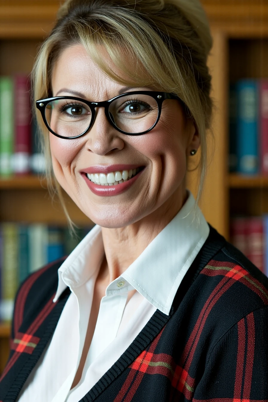 professional photo, 1girl, sfw, closeup of a woman in a white shirt and plaid cardigan wearing glasses with black plastic frames, dark blonde hair in a bun, in a library, bokeh <lora:Leslie Easterbrook_Flux_Rapid:1.3>