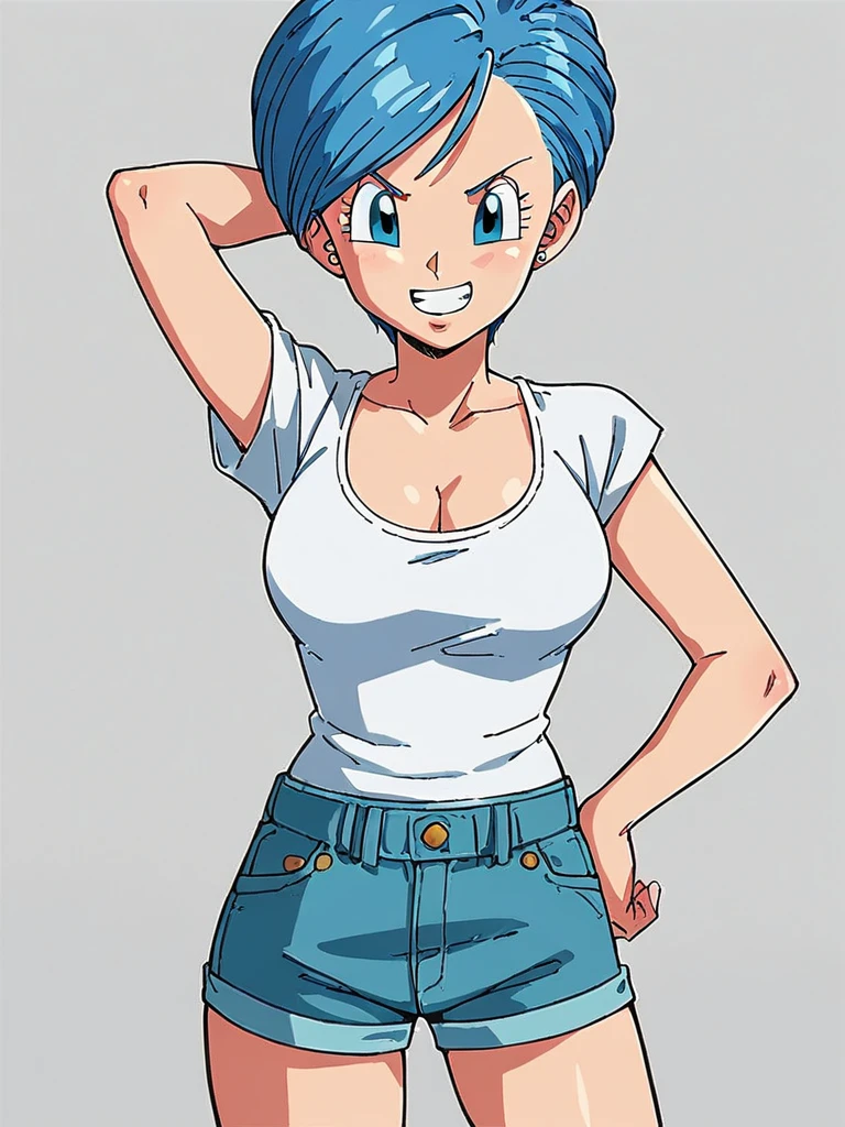 score_9, score_8_up, score_7_up, 
1girl, bulma, blue hair, blue eyes, short hair, swept bangs,

white t-shirt, short sleeves, cleavage, large breasts, short shorts, standing, grin, looking at viewer, arm behind head, hand on hip,