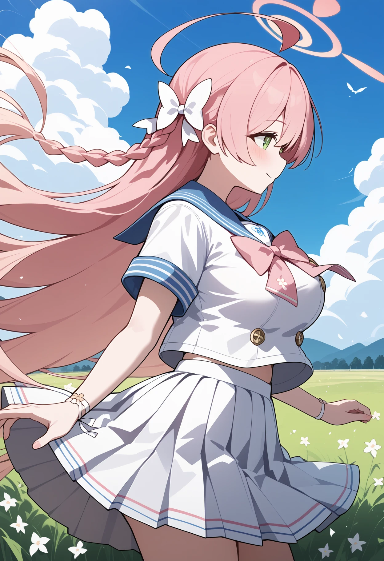 score_9, score_8_up, score_7_up, score_6_up, score_5_up, score_4_up, source_anime, aahanako, pink hair, halo, ahoge, single braid, hair bow, green eyes, large breasts, school uniform, blue sailor collar, pink bowtie, sailor shirt, white shirt, short sleeves, wristband, pleated skirt, white skirt, <lora:hanako_(blue_archive)_ponyxl_v1:0.9>, from side, wind, field, looking at another, standing, cowboy shot, solo