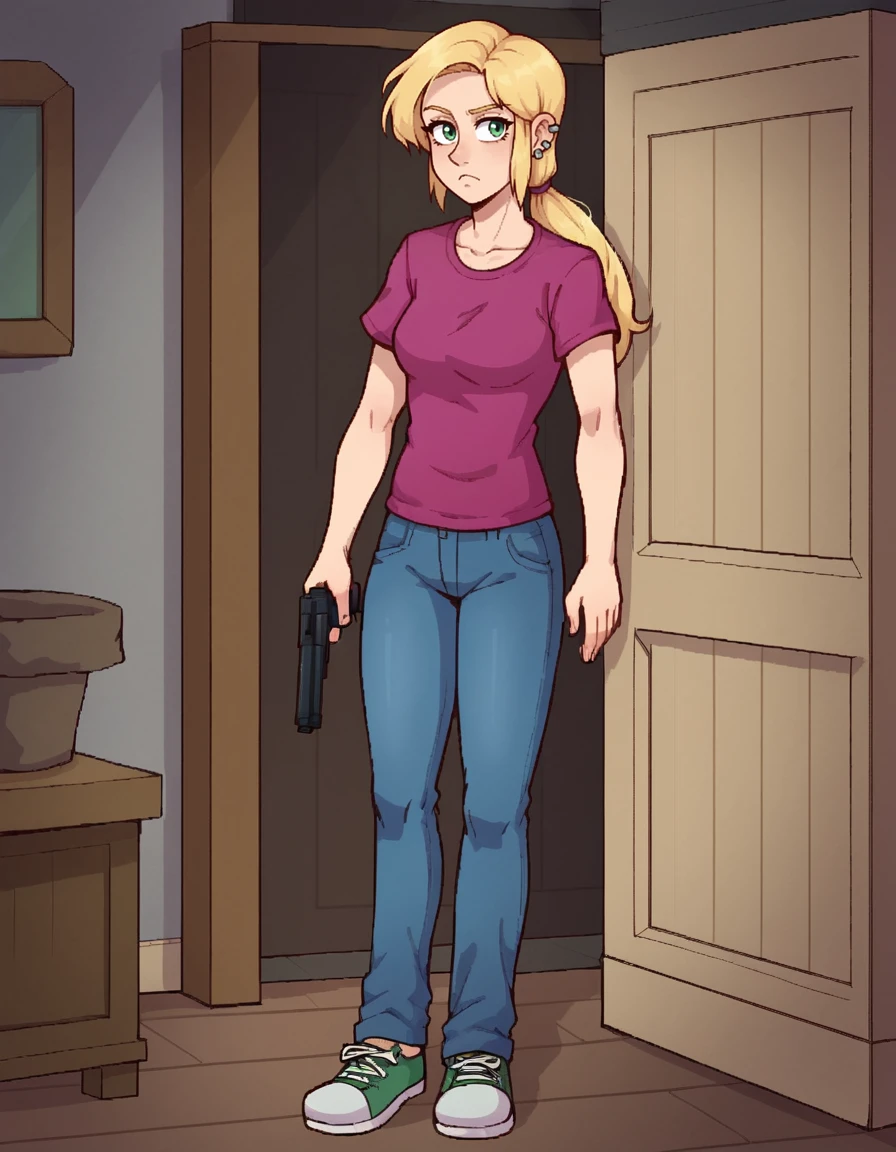 score_9, solo, portrait, spooky house, holding gun, gun, hiding behind a corner, indoors, dark, furniture, concentrating, frown,
<lora:Jennifer Lloyd (CURSED):0.4> JenniferLloyd, (ear piercing:1.2), blonde hair, long hair, green eyes, low ponytail, t-shirt, jeans, shoes, forelocks,