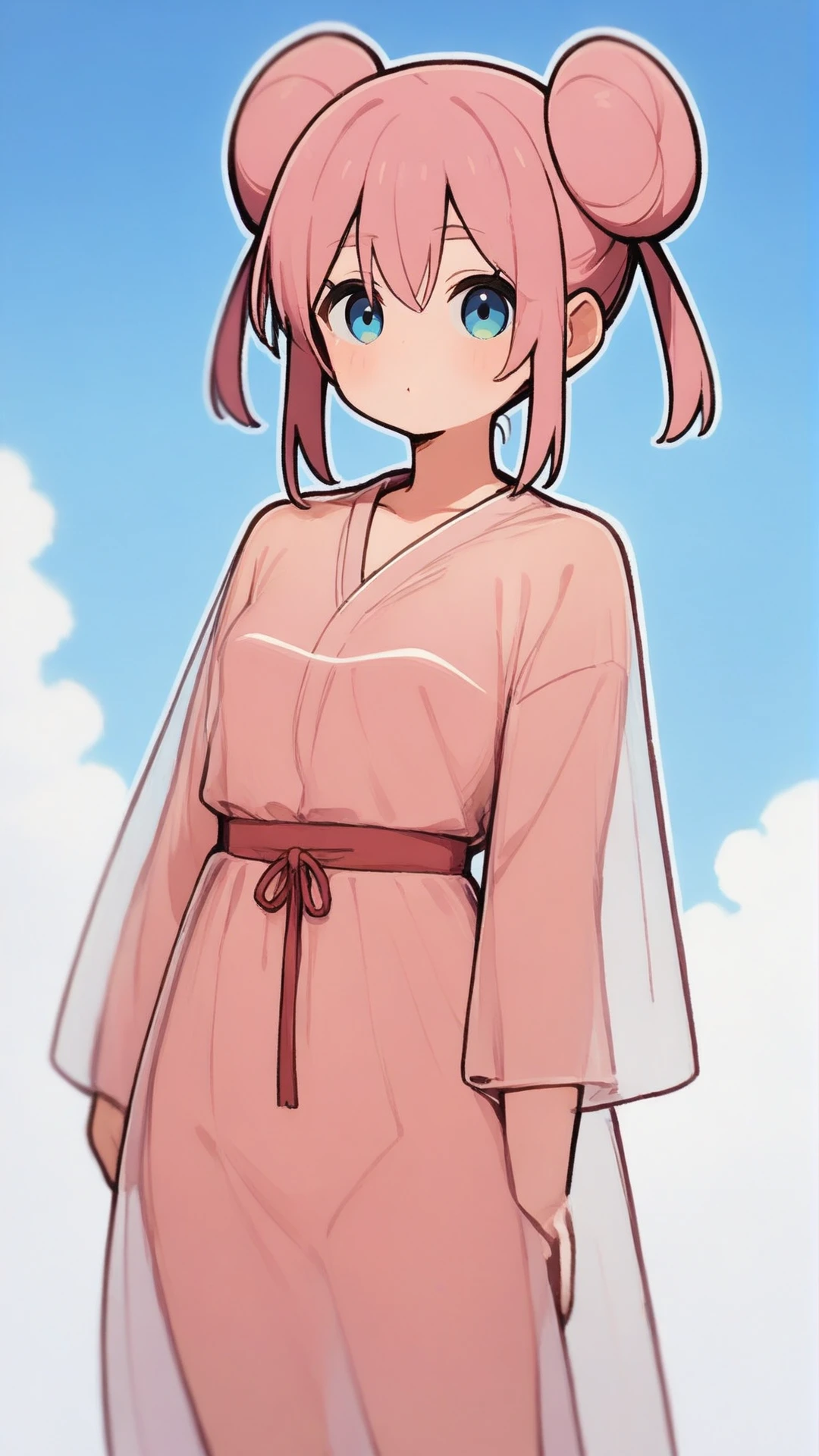 (score_9, score_8, score_7, score_7_up), 1girl, solo, blue sky, nature, see through robe, pink robe, hair buns, cute <lora:Artstyle__貝柱_kaibashira:1>