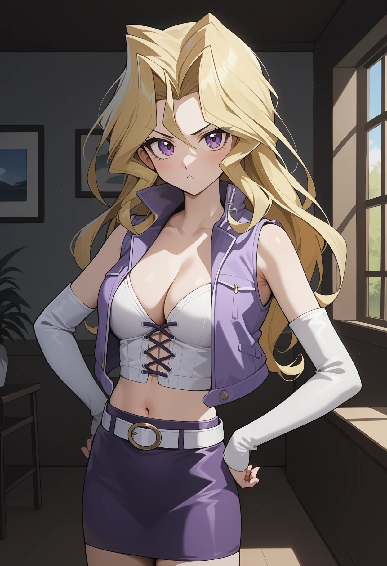 score_9, score_8_up, score_7_up, score_6_up, score_5_up, score_4_up, source_anime, aamai, long hair, blonde hair, purple eyes, breasts, cleavage, crop top, white shirt, cross-laced clothes. cropped jacket, purple jacket, open jacket, sleeveless, detached sleeves, white sleeves, midriff, white belt, miniskirt, purple skirt, thighs,<lora:kujaku_mai_ponyxl_v1:0.9>, standing, cowboy shot, hands on own hips, indoors, pout,