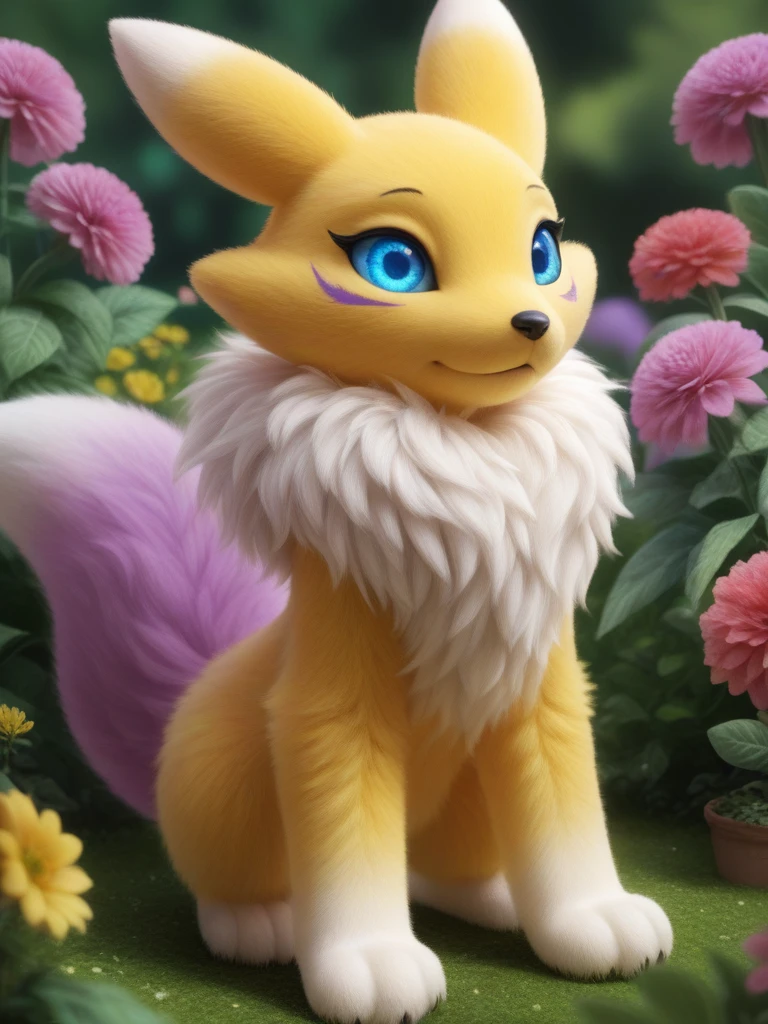 intricate detail, cinematic, render, detailed eyes, large eyes, realistic,
3d fluffy, 
closeup, cute and adorable,
(renamon), soft fur, long fuzzy fur, fuzzy tail, yellow fur,
flower garden,
<lora:Renamon_XL:1>, intricate details, extreme detail, Detailed face, beautiful, Expressive, 
very aesthetic, colorful, lots of small parts, surreal, abstract,