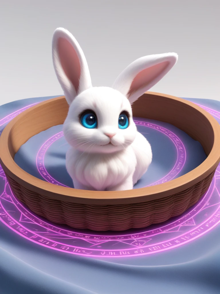 intricate detail, cinematic, render, detailed eyes, large eyes, realistic, 3d fluffy, closeup, cute and adorable,
fluffy (bunny rabit:1.2), in a blanket, basket,
magic circle, magical, magic array,
no humans,