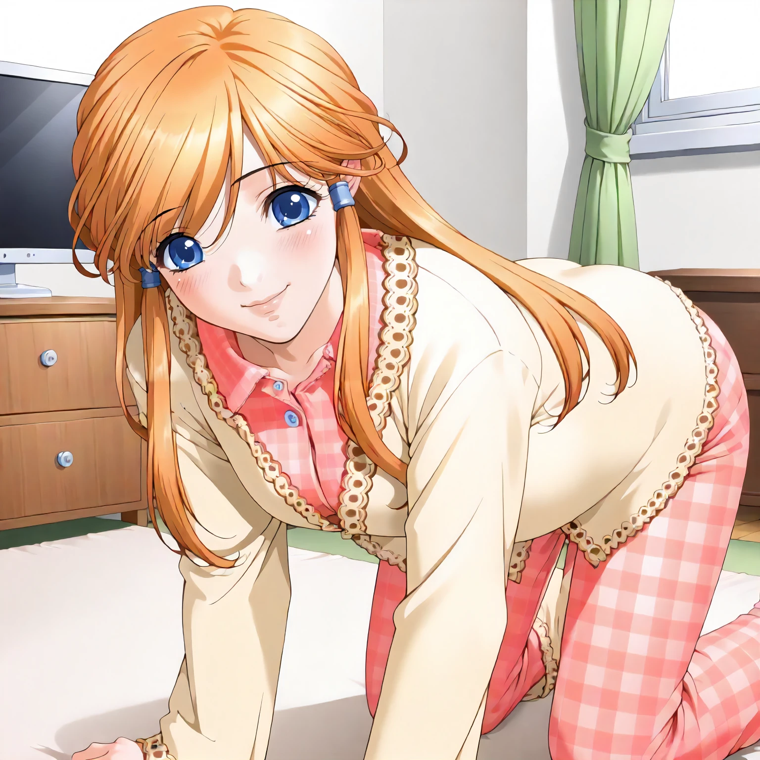 <lora:AtB_MikanHanamaruXLpony001>,
indoors,
smile,
solo,
MikanHanamaru,1girl,orange hair,long hair,hair tubes,blue eyes,
pajamas,plaid shirt,yellow cardigan,
pink plaid pants,
all fours,