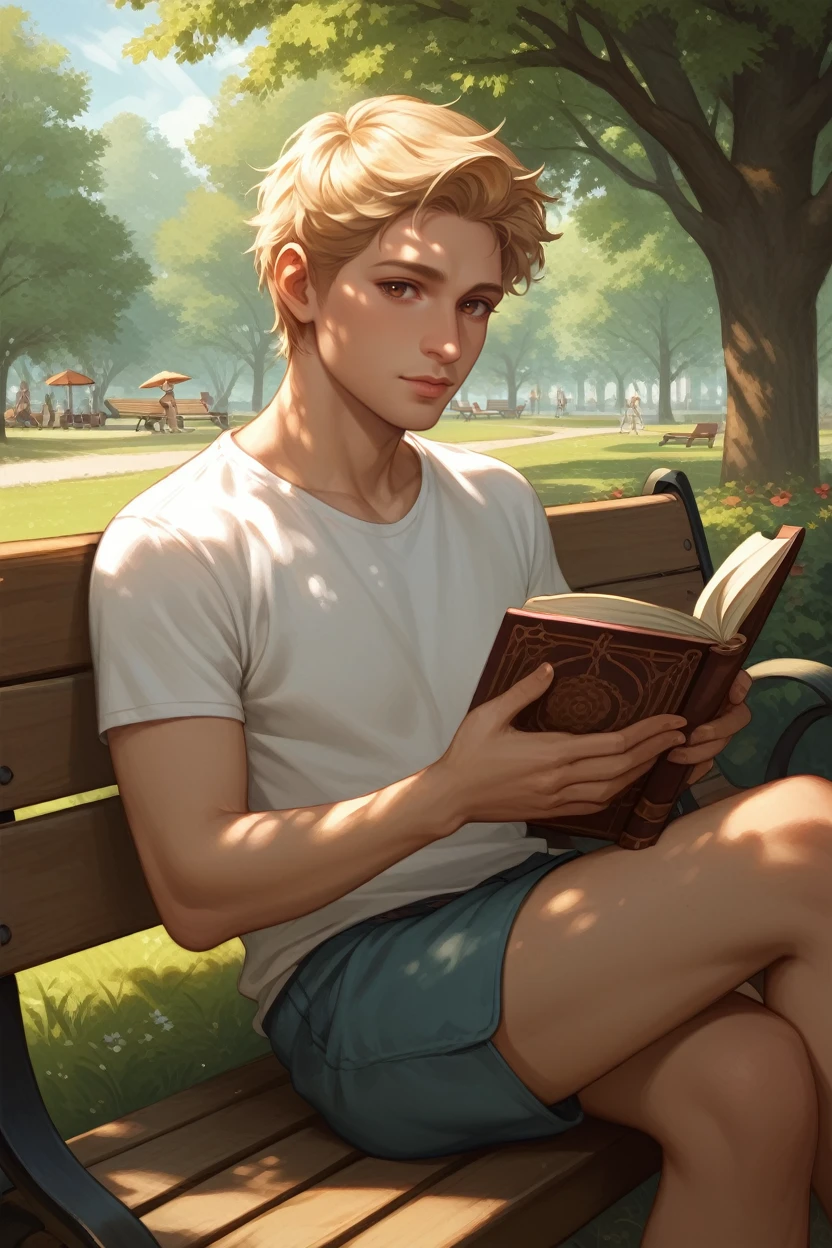 score_9, score_8_up, score_7_up,
<lora:DAAlistair:0.8>
DAAlistair, 1boy, short hair, brown eyes, blonde hair, looking at viewer, sitting on a bench in a tranquil park, wearing casual clothes, reading a book, dappled sunlight filtering through the trees, peaceful and relaxed vibe