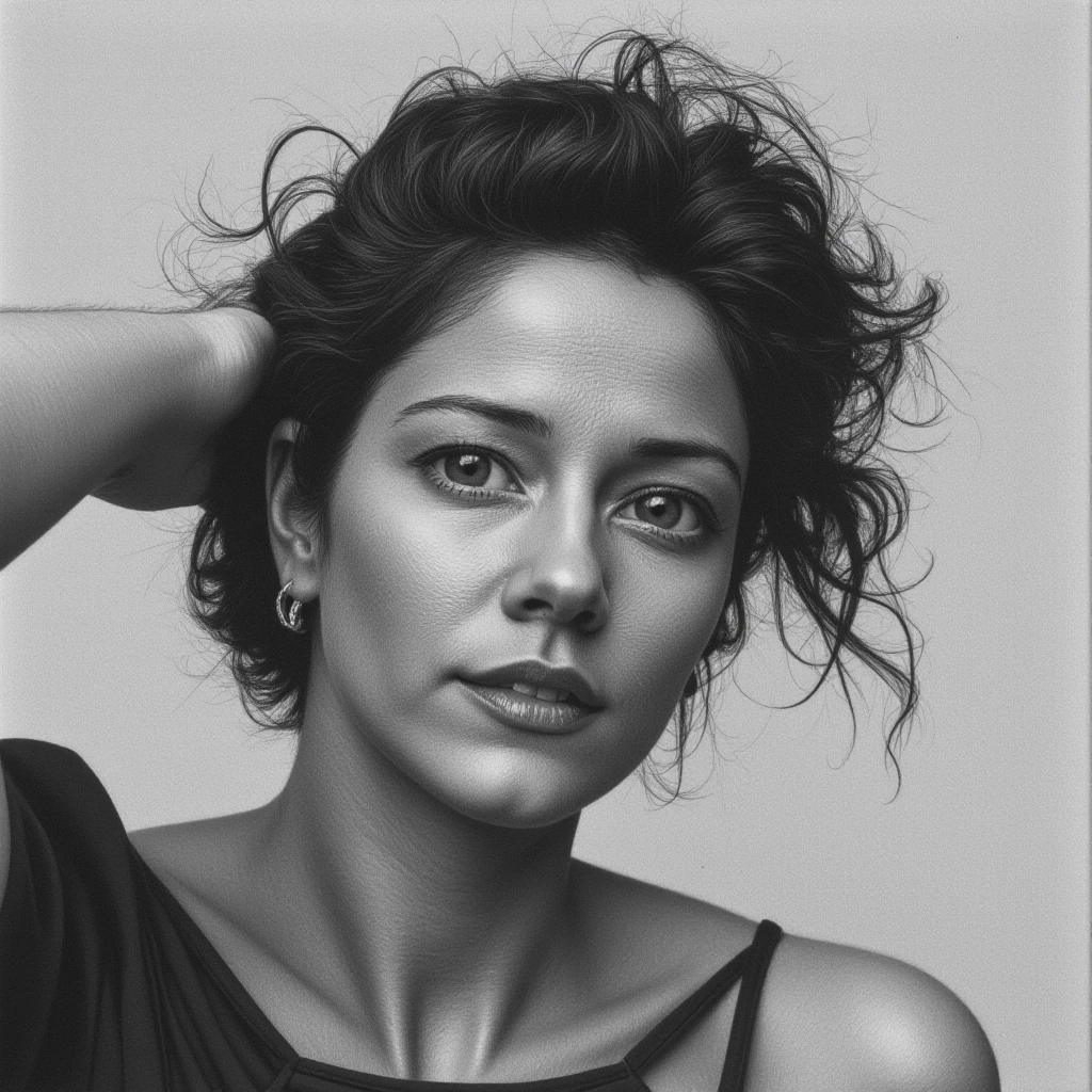 cinematic film still of  <lora:drawing style v1:0.9>
A drawing of a drawing of a woman with a messy hair, 1girl, solo, short hair, jewelry, monochrome, greyscale, earrings, lips, traditional media, portrait, realistic, drawing style, simple background, collarbone, arm up, hand on own head, graphite (medium),  female, looking at viewer, shirt, closed mouth
, shallow depth of field, vignette, highly detailed, high budget, bokeh, cinemascope, moody, epic, gorgeous, film grain, grainy