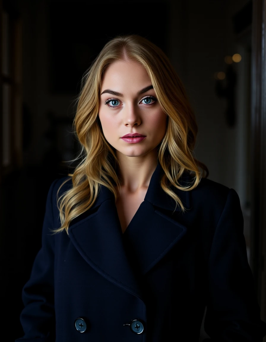 nan384ace, A full color portrait of a beautiful woman, wearing a navy blue coat,full head in frame,in a dimmed chamber, natural lighting, epic character composition,by ilya kuvshinov, alessio albi, nina masic,sharp focus, subsurface scattering, f2, 35mm, film grain